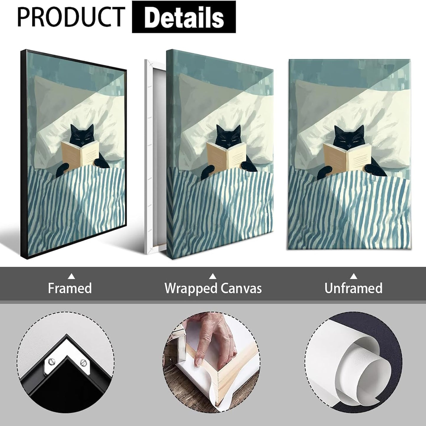 Funny Black Cat Reading Poster Trendy Animal In Bed Canvas wall art Minimalist abstract Pet Aesthetic watercolor Prints Painting For Living Room Bedroom Office Wall Decor 12x16in Unframed