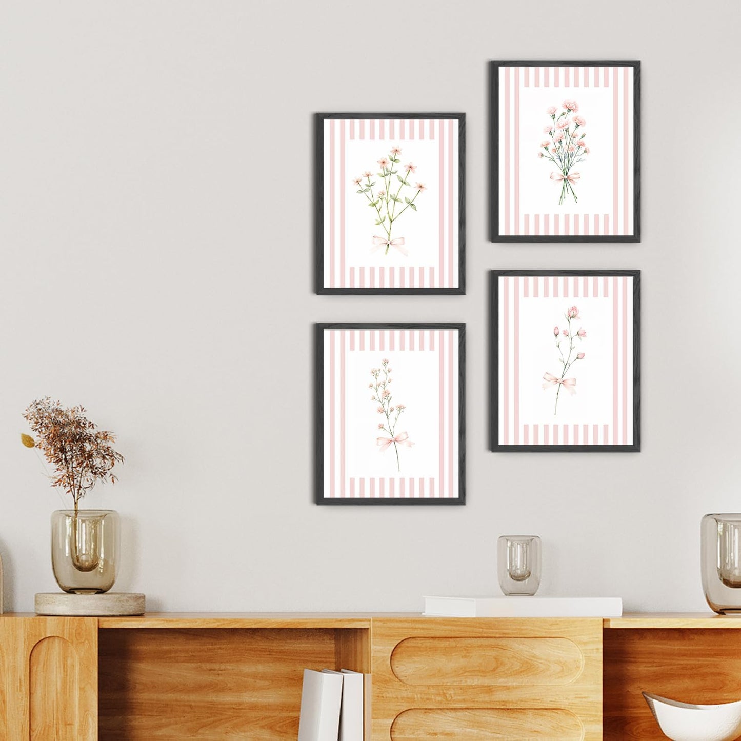 JINYO Coquette Pink Bow Floral Wall Art Prints Set of 4, Floral Room Decor, Preppy Pink and White Striped Flower Posters Pictures Wall Decor for Girls Room Bedroom Dorm Home, 8x10 Unframed