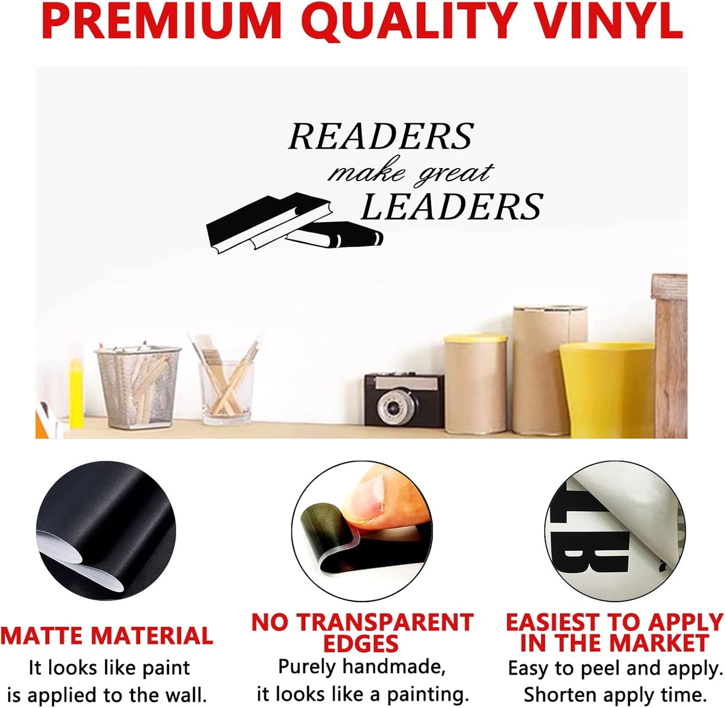 Wall Stickers, Wall Art Stickers, Non-Printing, for School Library and More, Inspirational Quotes Reading Corner, Home Vinyl Art Family Decor Sayings Words Signs, Readers Make Great Leaders 32"X12.5"