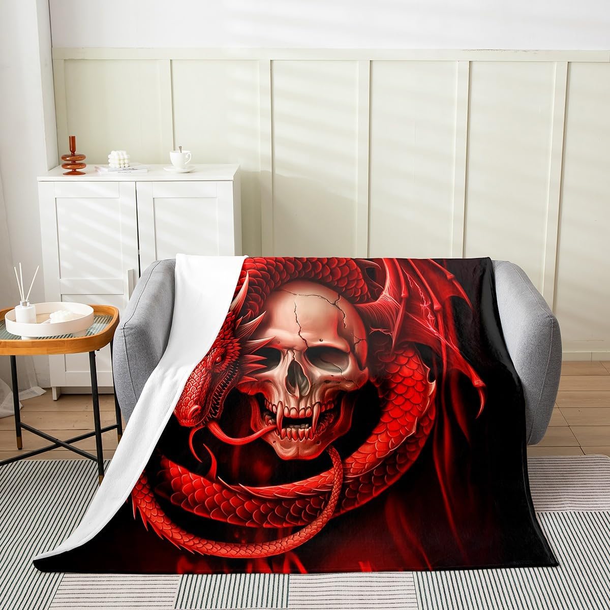 Erosebridal Sugar Skull Fleece Blanket Queen 90X90,Gothic Skull Skeleton Fuzzy Blanket,3D Dragon Animal Blanket,Black Red Throw Blanket Soft Breathable Home Room Decor for Kids Teens
