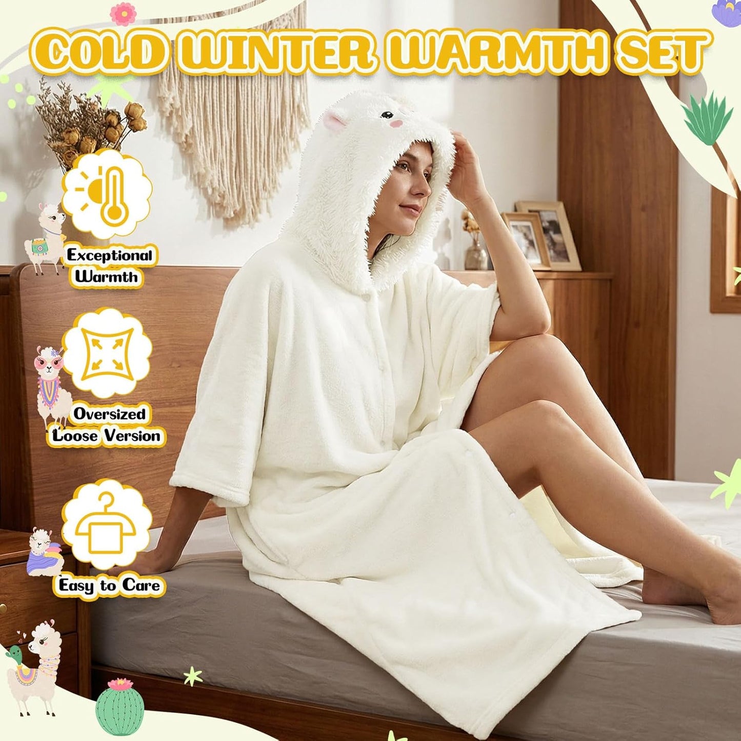 Jecery Llama Alpaca Hooded Blanket Wearable for Adults, Llama Blanket Hoodie with Non Slip Fuzzy Slipper Socks Gift Bag Set, Flannel Hoodie Throw Cloak Wrap Alpaca Christmas Party Gifts for Women