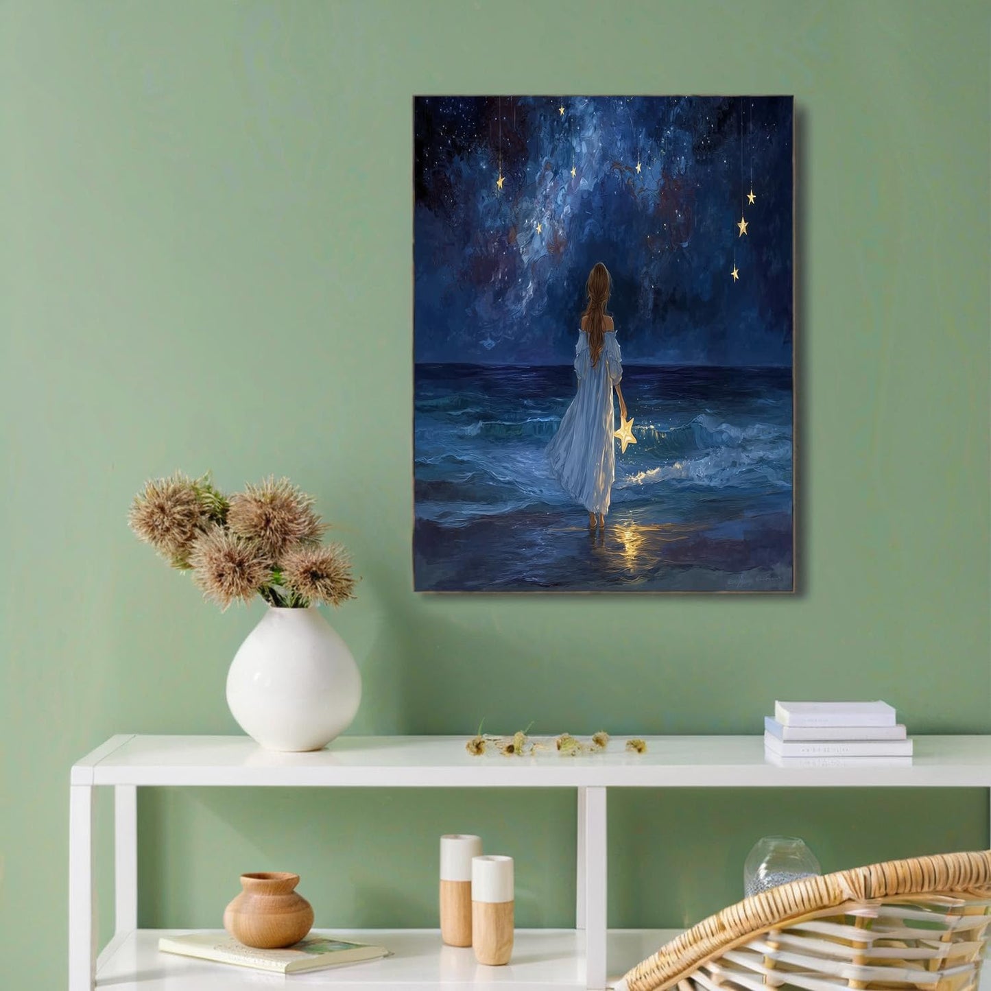 GDJSMIN Vast Starry Sky Wall Art, Beach Girl In White Poster for Reading Room Living Room Decor 24 x 36 inch Unframed