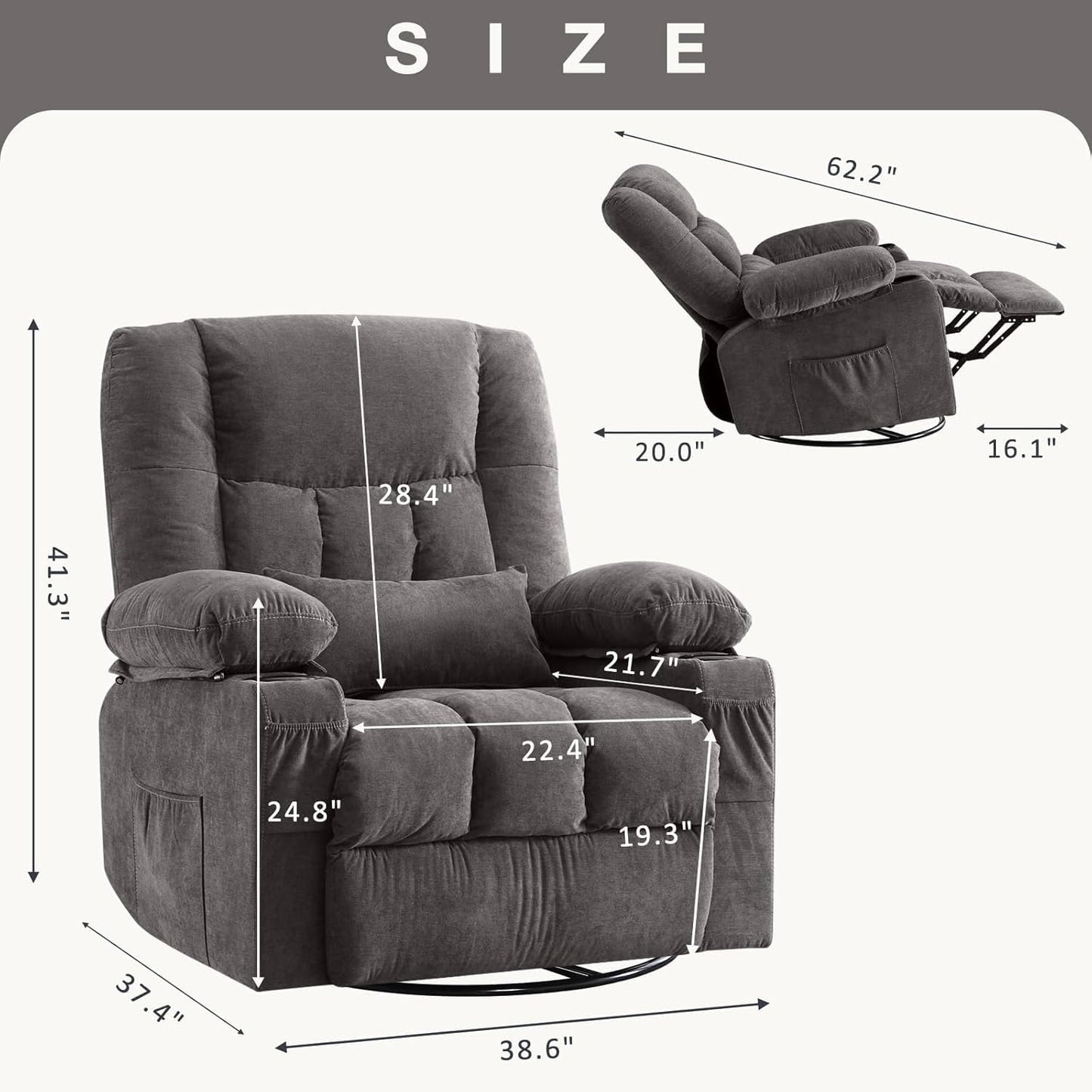 Massage Swivel Rocker Recliner Chair with Vibration and Heat Ergonomic Lounge Chairs Rocking Function and Side Pocket for Living Room Bedroom Meeting