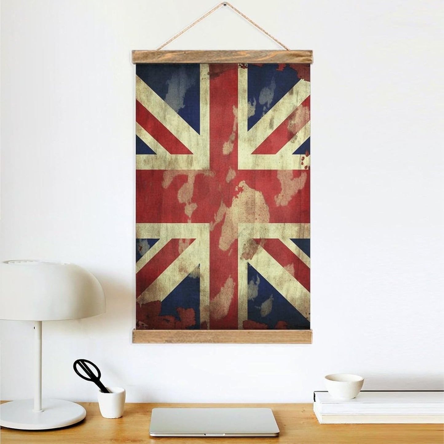 Vintage Vintage Union Jack British Flag Poster with Wooden Frame Personalized Linen Hanging Scroll Painting Rustic Wall Hanging Illustrative Modern Artwork Decor for Home Living Room Bedroom Office