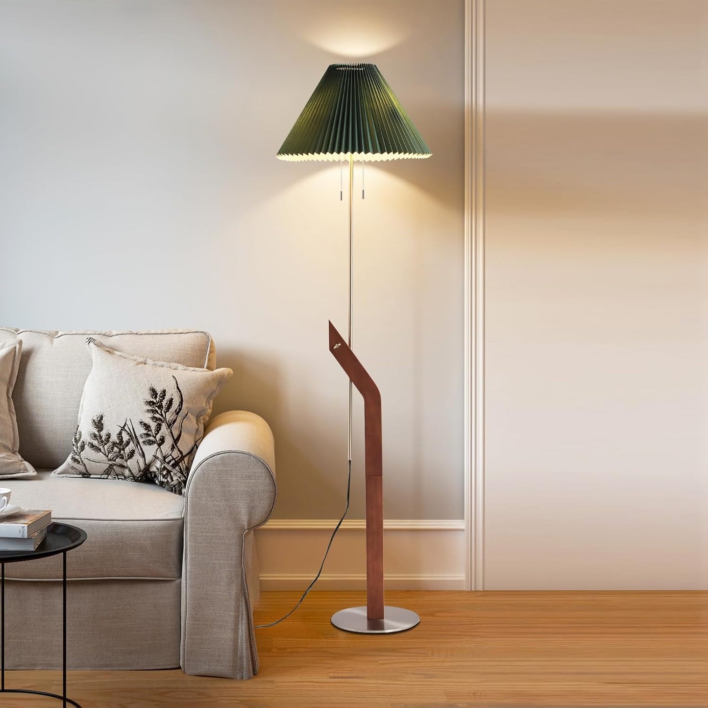 Floor Lamps for Living Room,Mid Century Modern Wood Large Floor Lamp,Height Adjustable Study Room,Bedroom,Office Tall Standing Floor Lamp,Green Pleated Lampshade