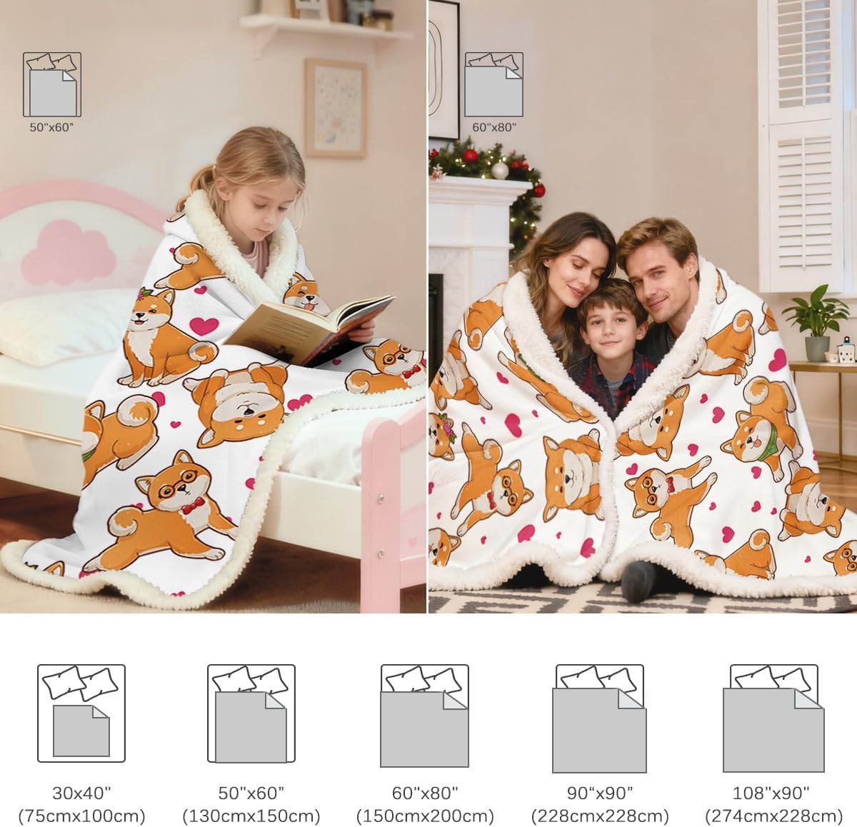 BlessLiving Shiba Blanket Cute Dog Heart Print Fleece Blanket Watercolor Pet Sherpa Blanket Throw Kids Girls Kawaii Shiba Inu Throw Blanket for Dog Lover Gift Home Decor (50 X 60 Inches)