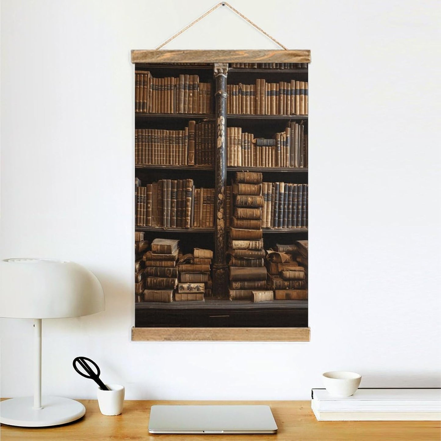 Vintage Old Books in Library Poster with Wooden Frame Personalized Linen Hanging Scroll Painting Rustic Wall Hanging Illustrative Modern Artwork Decor for Home Living Room Bedroom Office