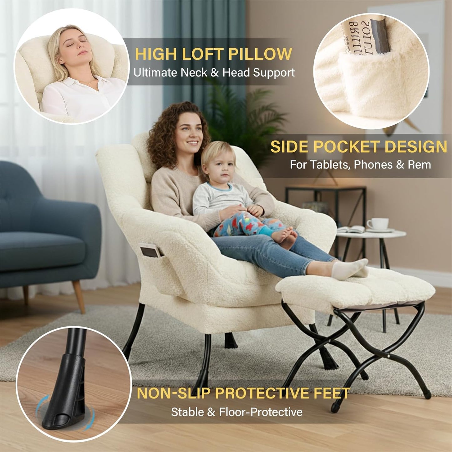 Lazy Chair and Ottoman, Large Plush Beige Contemporary Accent Chair with a Side Pocket, Modern Leisure Upholstered Reading Armchair with Footrest for Office, Bedroom, Living Room, Balcony