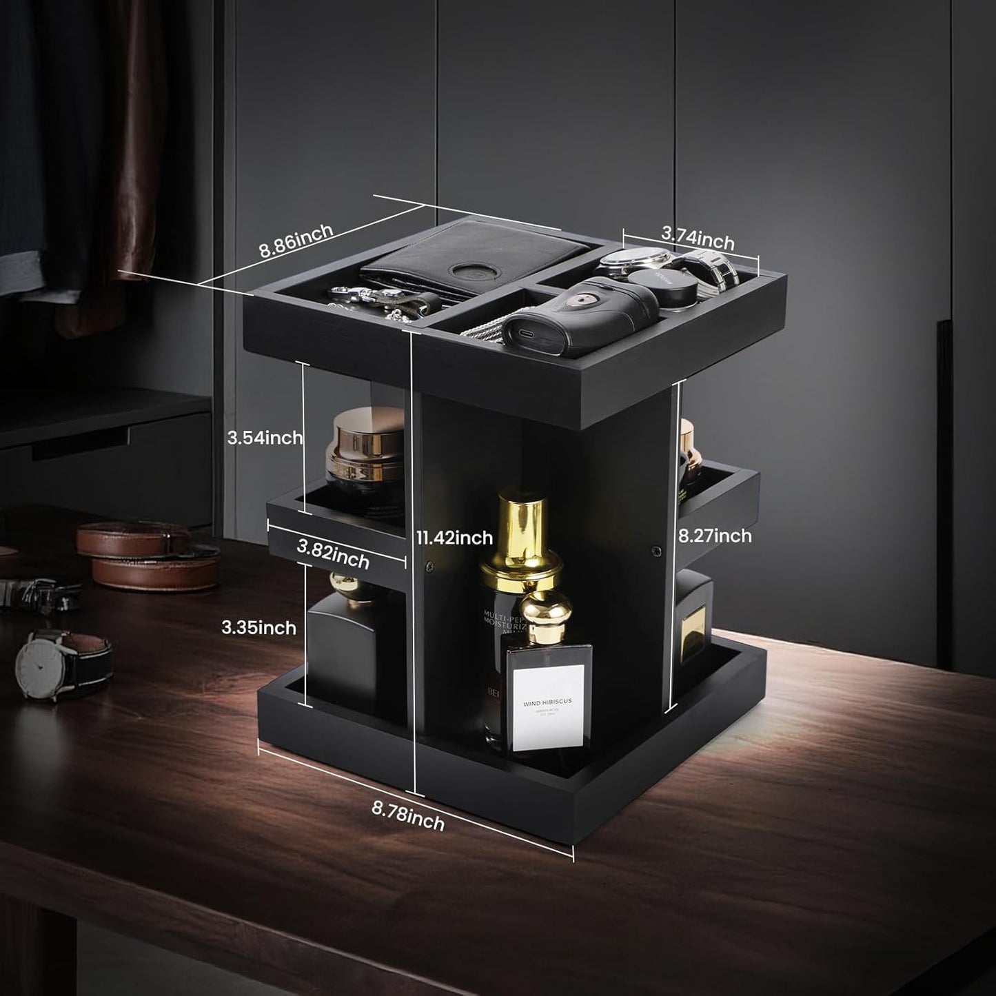 EXIN DECHEN Cologne Organizer for Men,Cologne Stand,3 Tier Wooden Perfume Shelf with Rotate,Desk Organizer,Gift for Dad From Wife,Husband Boyfriend Birthday Gift Ideas,Fathers Day Gift for Men