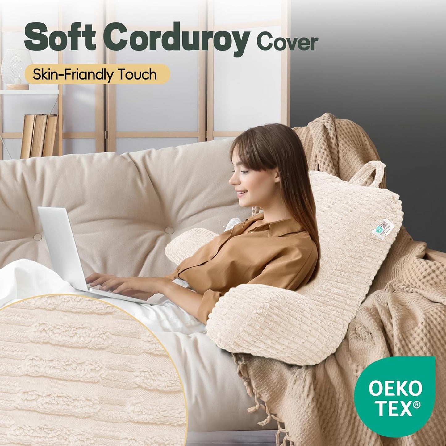 21" Higher Large Reading Pillow for Bed Adult, Back Pillow for Bed Sitting Up with Memory Foam Back Support with Arms Rest for Couch Chair Beige