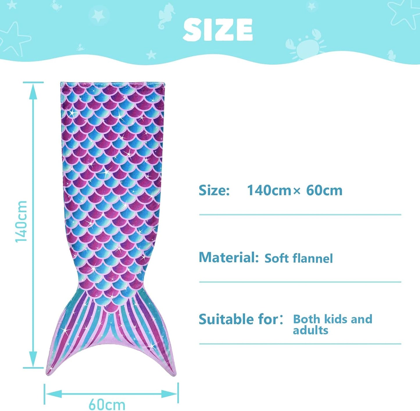 WERNNSAI Mermaid Tail Blanket – Plush Flannel Mermaid-Shaped Throw Blanket for Girls & Teens, Soft Cozy All-Season Blanket for Sofa, Bed & Travel, 55" x 24" (Blue)