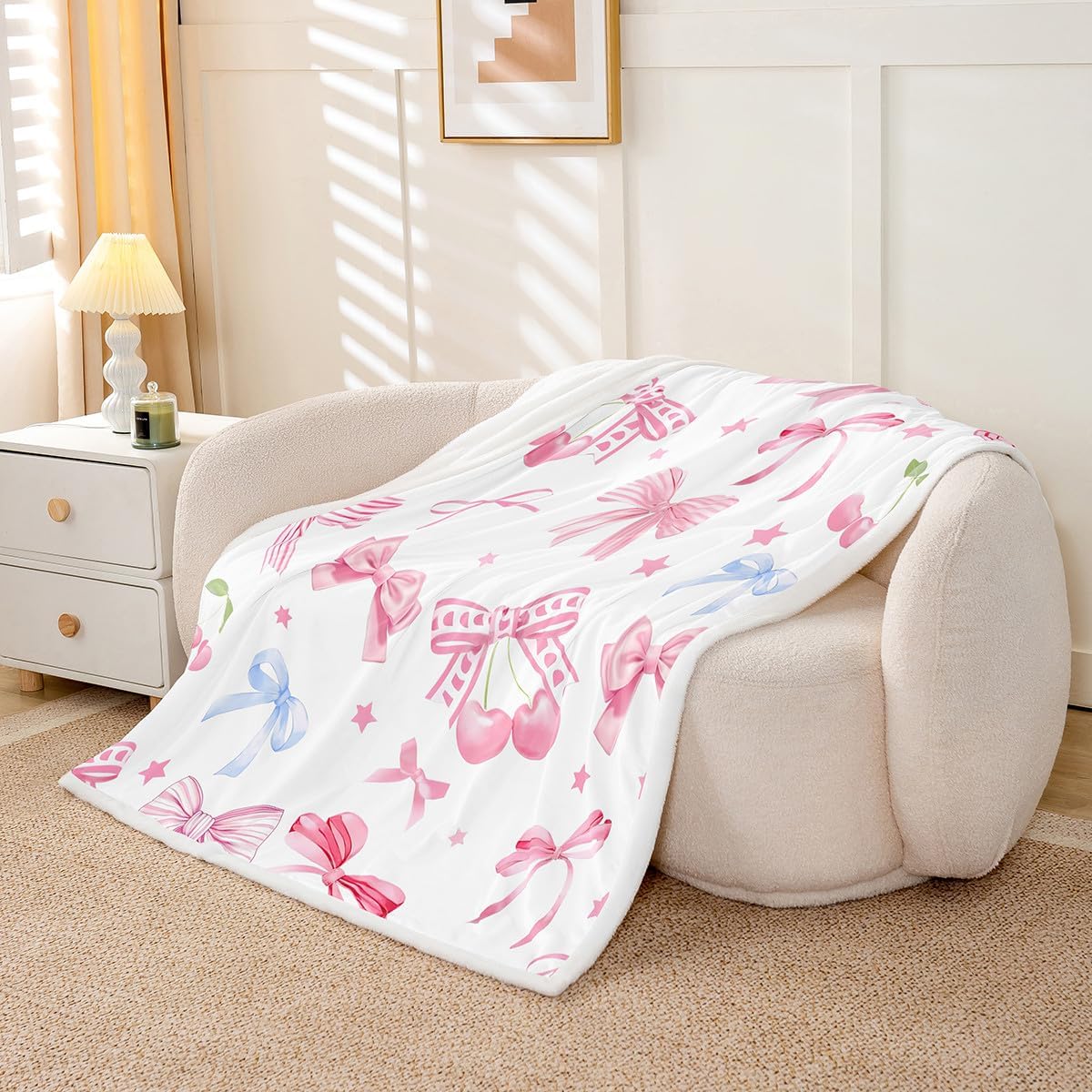 Manfei Bow Cherry Throw Blanket Pink Blue Bowknot Fleece Blanket, Cute Bow Tie Princess Cozy Throws for Bed Couch Sofa, Kids Girls Women Room Decor, Soft and Breathable(50 x 60 Inches)