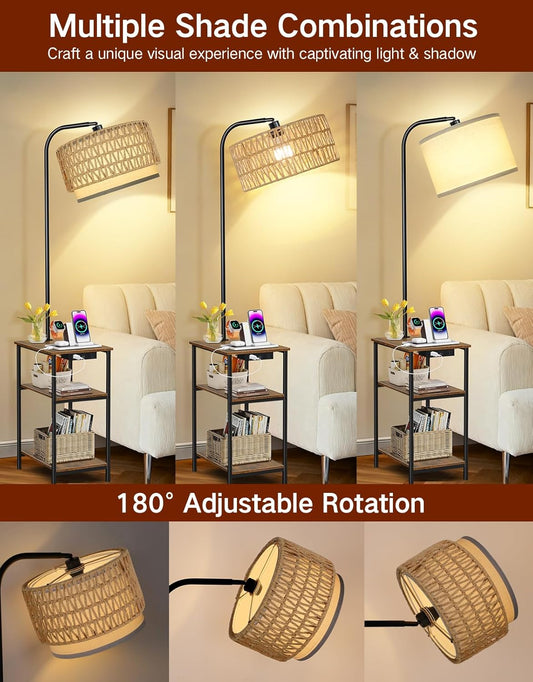 Floor Lamp with Table & Rattan Shade, Side End Table with Charging Station, Dimmable Nightstand with 3 Color Temperatures, 1-Hour Timer, 12W LED Bulb, for Living Room, Bedroom(Rustic Brown)