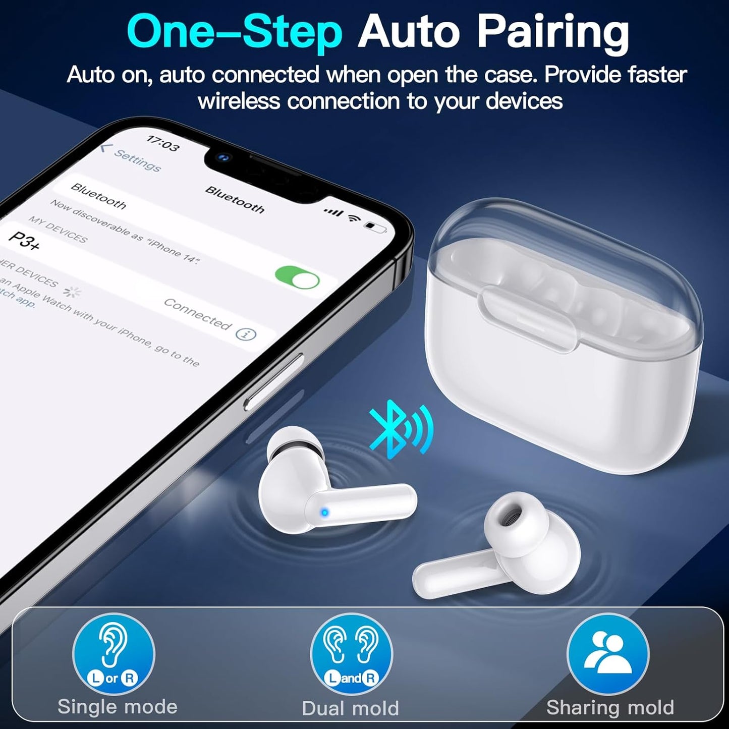 kurdene P3 Wireless Earbuds Bluetooth 5.3 Headphones, Deep Bass Stereo with Microphone Earphones in-Ear, Immersive Premium Sound Ear Buds for iPhone, Android-Clear