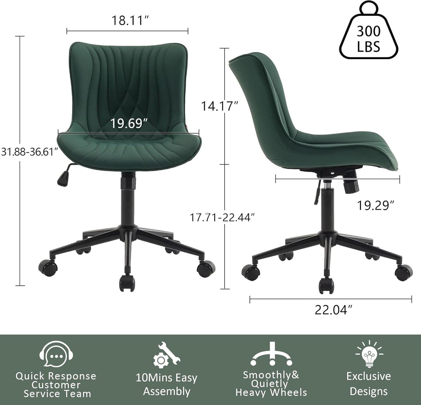 YOUTASTE Dark Green Armless Office Chair, Modern Adjustable Swivel Desk Chair with Wheels, Upholstered PU Leather, Black Metal Legs, Back Support for Home Office, Study, Vanity, Bedroom