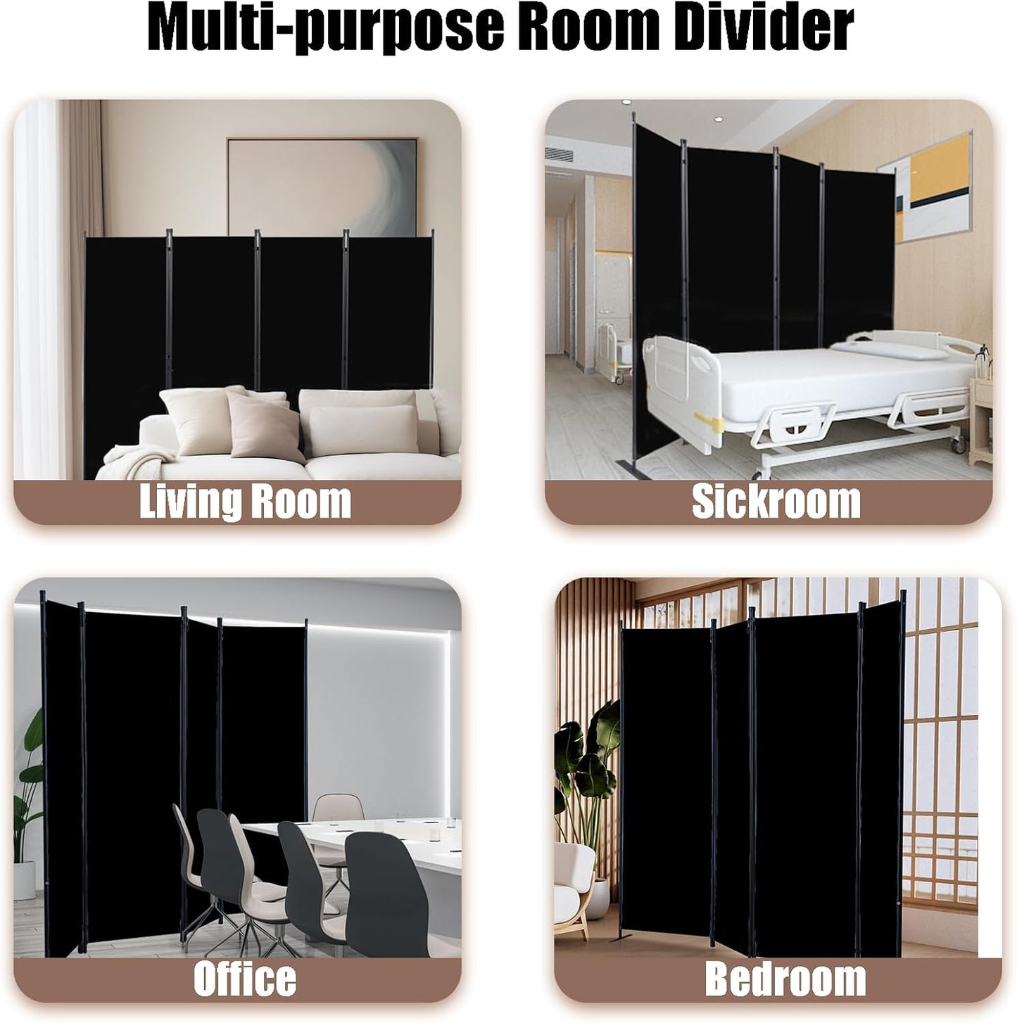 Room Dividers Folding Privacy Screens 4 Panel Partition Screen Steel Frame& Frabic Office Partition for Home Office Dorm Decor Black