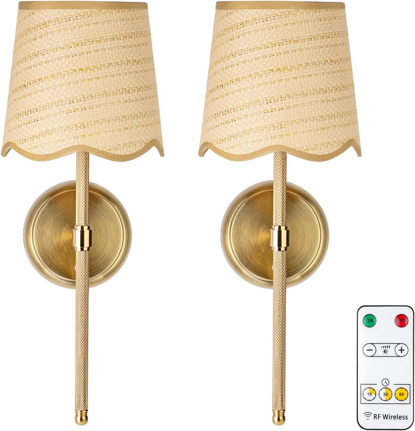 Battery Operated Boho Vintage Wall Sconce Set of 2, Stepless Dimming Rattan Magnetic Wall Lamp, 5200mAh Rechargeable Battery and Integrated LED, for Living Room Bedroom Hallway Corridor