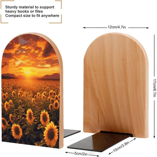 Sunflower Field Sunset Sea of Flowers Bookend for Shelves Wooden Book End Large Size Sturdy Book Holders Stoppers with Metal Base for Bookshelves Slick Decorative Bookends Stands