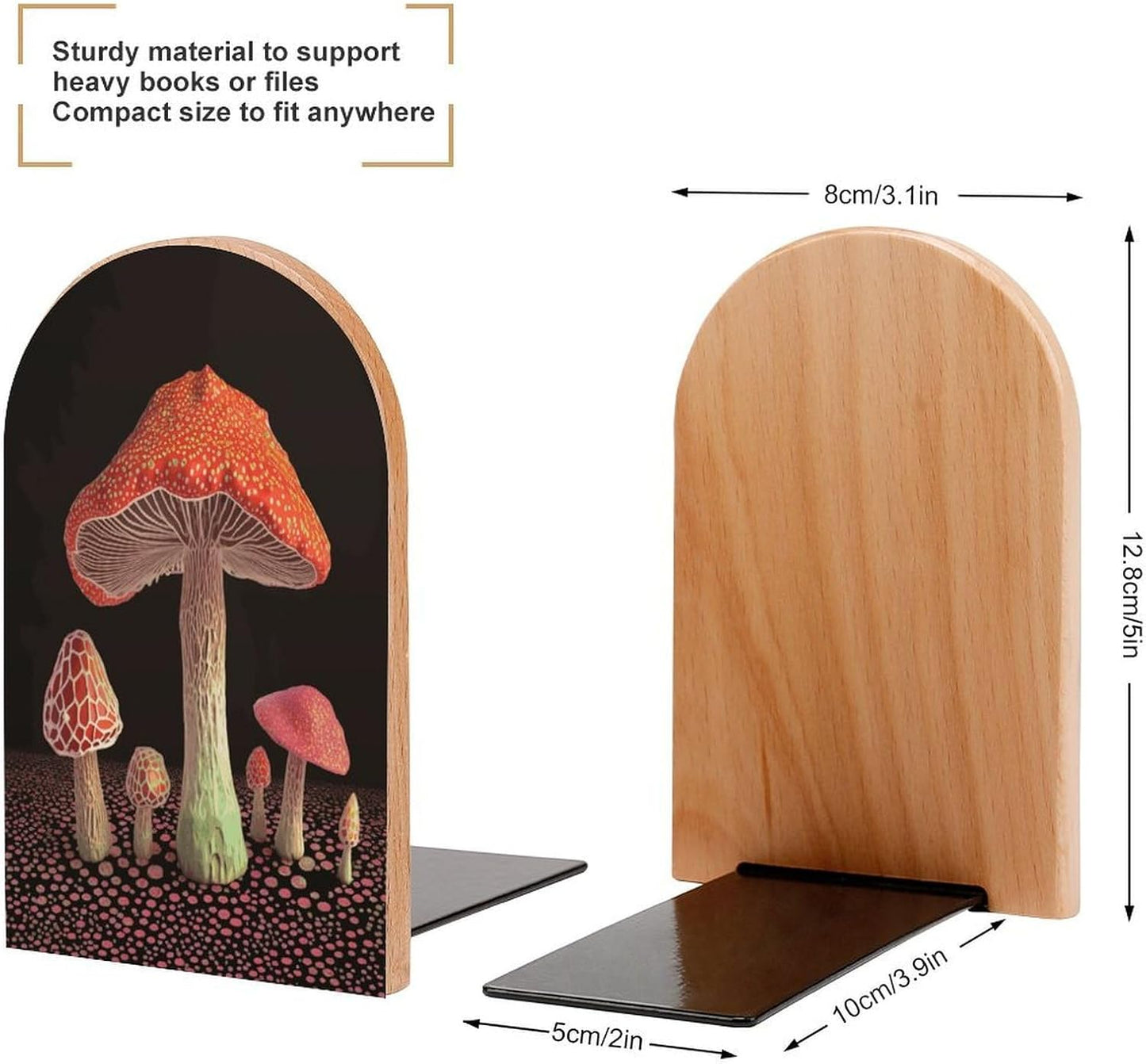 Mushroom Bookends 1 Pair Heavy Duty Book Ends for Shelves Non-Skid Bookend Supports Wooden Book Holders with Metal Base Desk Organizers Books Storage to Hold Books