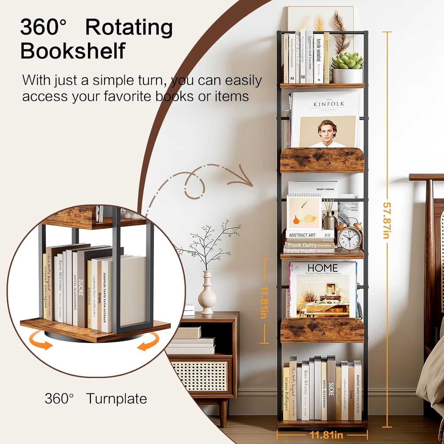 Bikoney Rotating Bookshelf, 360 Display Spinning Bookshelf Tower, 5-Tier Narrow Bookcase, Tall Industrial Book Shelf Organizer, Small Corner Book Shelves for Living Room, Black