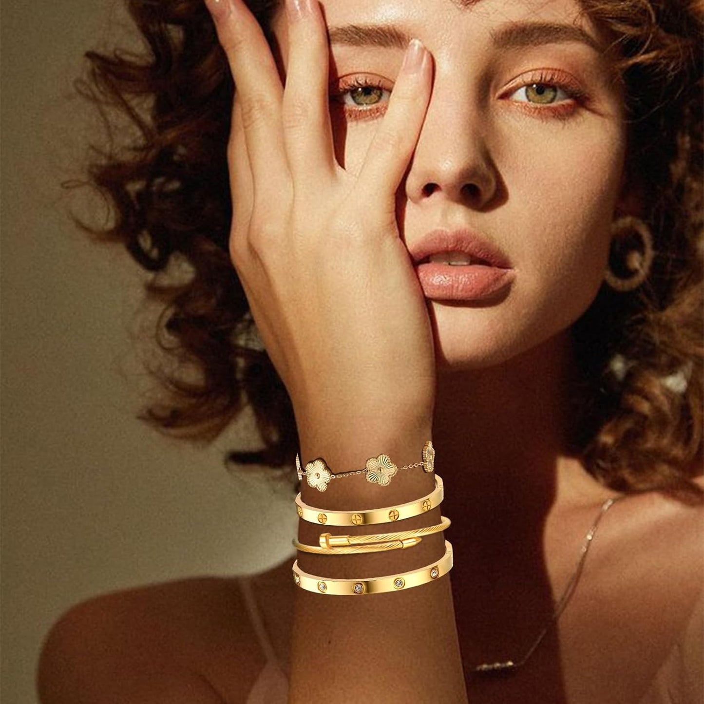 Gold Bracelets for Women-4Sets/3ets,18K Gold Plated Bracelet,Stainless Steel Bangle Bracelets Non Tarnish, Gold Bracelet Set Trendy Jewelry,Christmas Valentines Birthday Gifts for Girlfriend