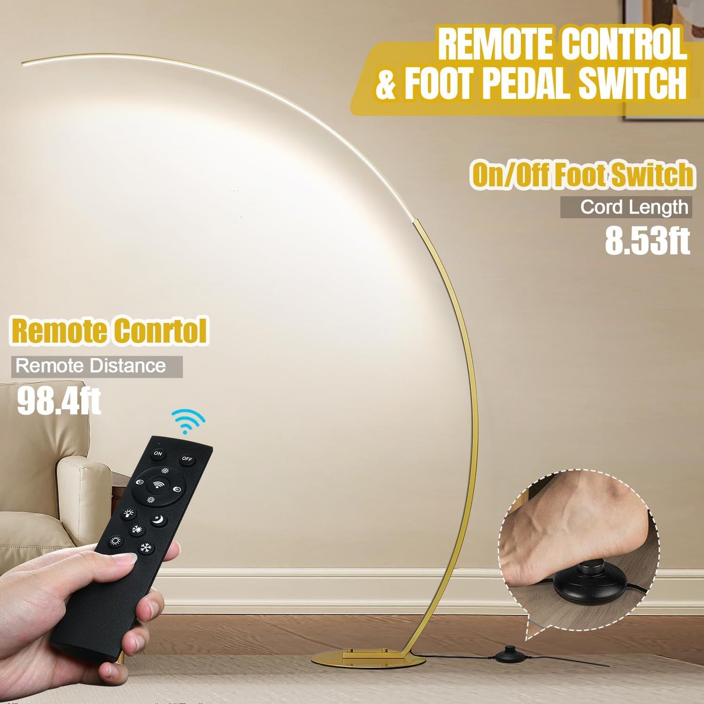 Dimmable LED Floor Lamp with 3 Color Temperatures, Ultra Bright 2000LM Gold Arc Floor Lamp, Modern Standing Tall Lamp with Remote Control Reading Floor for Bedroom Use Lamp for Office Classroom
