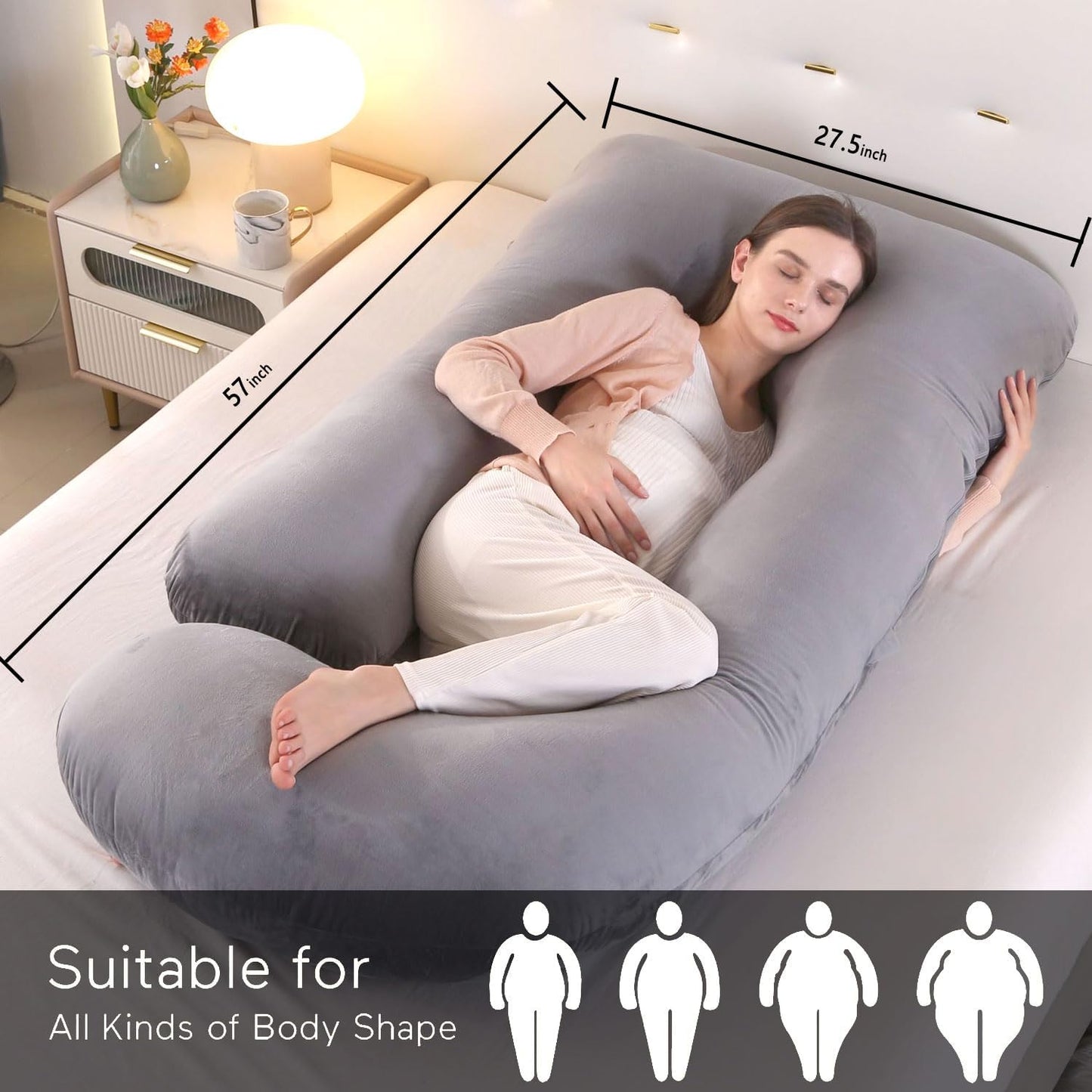 U-Shaped Full Body Pillow for Adults, Maternity Pregnancy Pillow with Washable Velvet Cover, Ergonomic Support for Back, Belly & Hips, Comfort for Expecting Mothers & Side Sleepers
