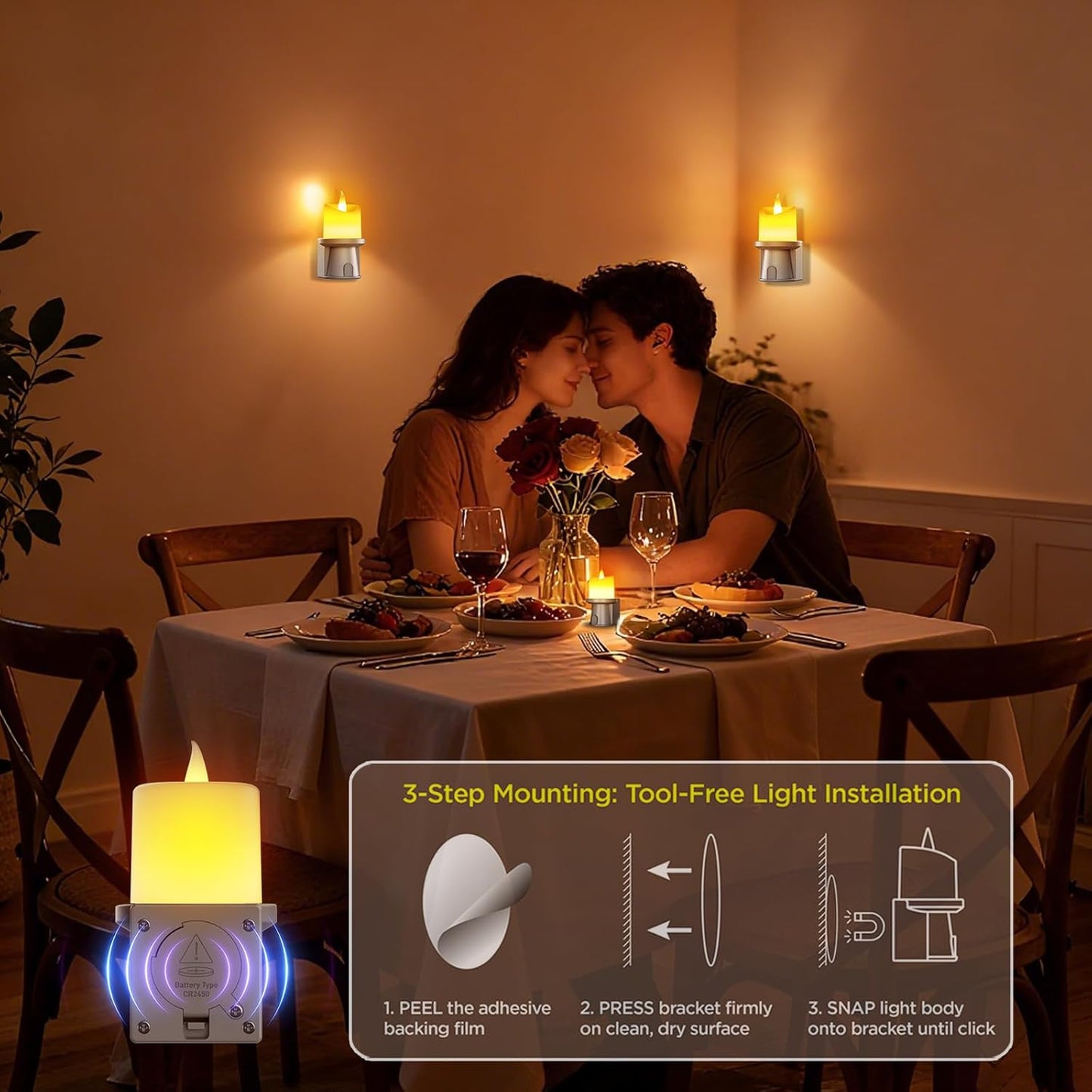 Flameless Candles Night Light with Flickering Flame, Battery Operated LED Night Light, Magnetic Attachment for Easy Placement, Realistic Candlelight for Home, Bathroom, Window Decor (Taupe, 2 Pack)