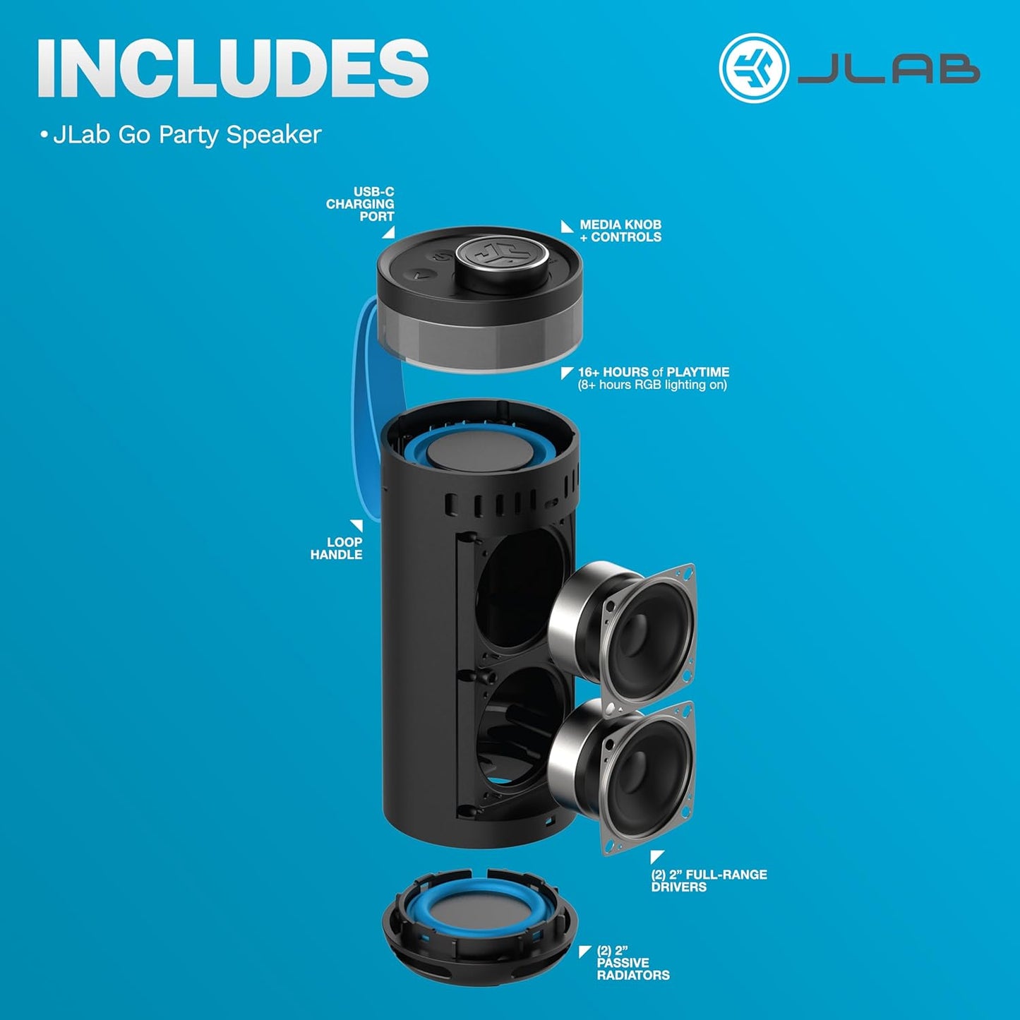 JLab Go Party Portable Bluetooth Speaker, Midnight Black, 10 Watts of Power, 16+ Hours of Playtime, IP56 Waterproofing, Customizable RGB LED Lighting, Lab Sync Up to 100 Speakers, Custom Sound in-App