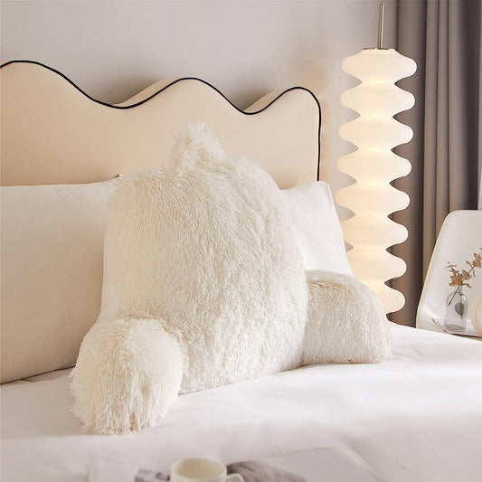 Urban Lifestyle Decorative and Supportive Backrest Reading Bed Pillow, Ultra Soft Long Hair Faux Fur Reverse to Mink Fabric, Ivory