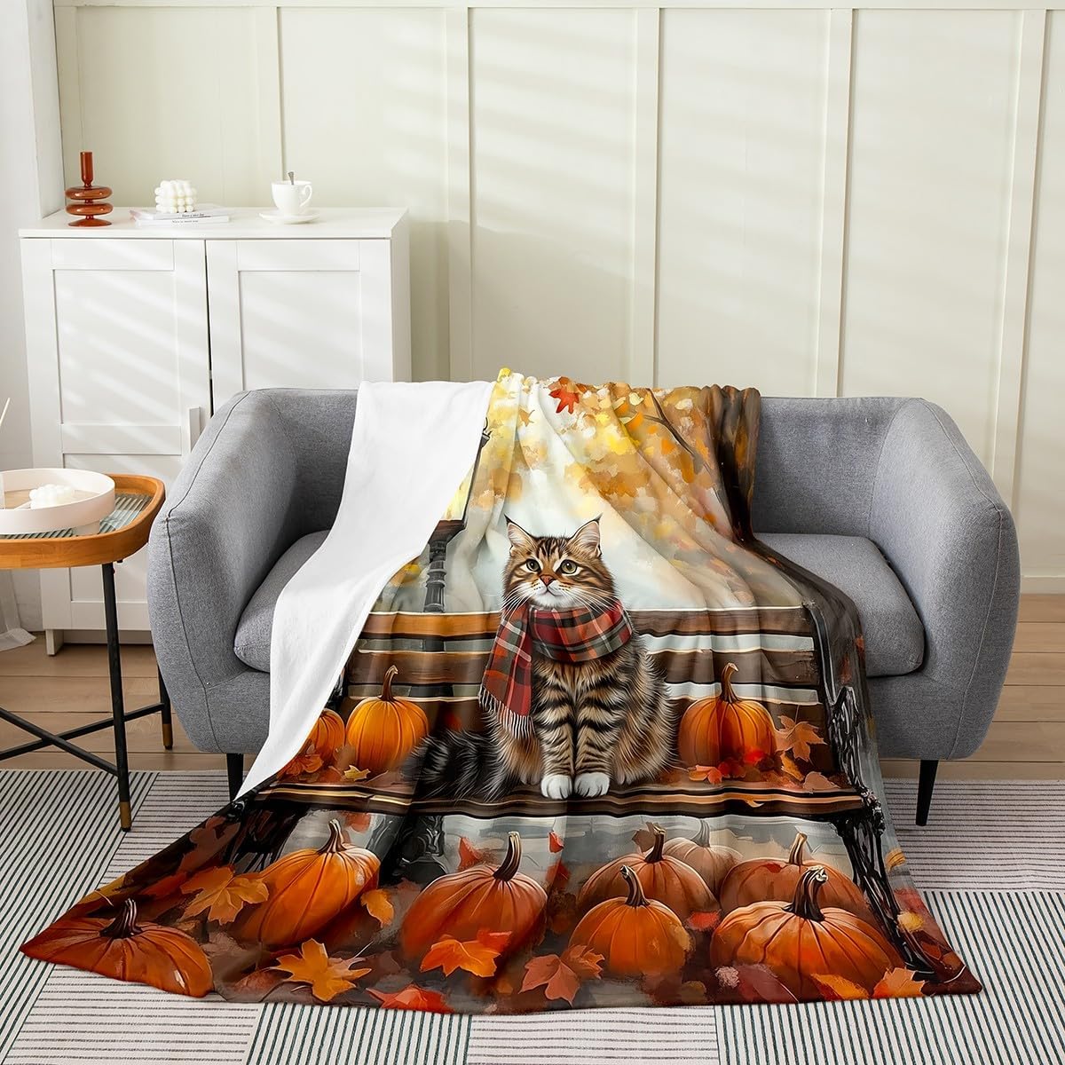 Manfei Hello Fall Flannel Blanket Cute Cat Pumpkins Maple Leaves Throw Blanket Autumn Theme Cozy Throws for Bed Couch Sofa,Kids Boys Girls Room Decor,Soft and Breathable(90 x 90 Inches)
