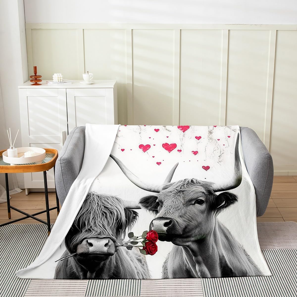 Happy Valentine's Day Blanket Throw 50x60 Inch Romantic Cow Throw Blanket Couple Red Heart Tree Love Farmhouse Valentines Fleece Blanket Rose Floral Grey Marble Bedroom Decor Fuzzy Blanket