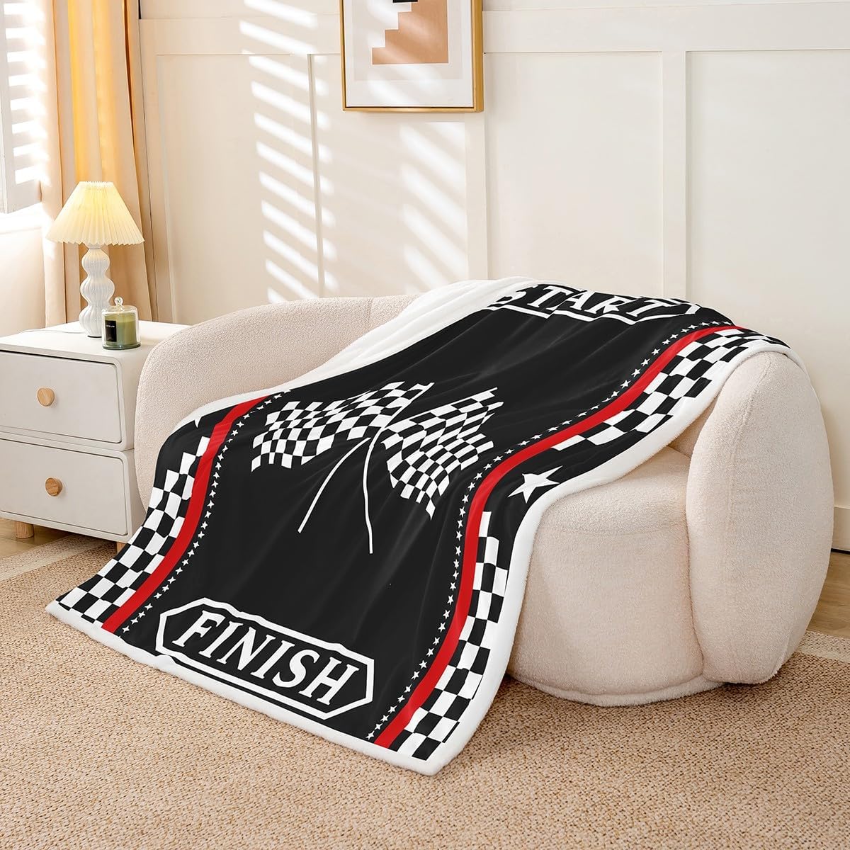 Racing Flag Throw Blanket,Black White Geometric Checkerboard Fuzzy Blanket,Race Car Extreme Sports Games Fleece Throws for Bed Couch Sofa,Simple Soft and Breathable,Throw Size (50 x 60 Inches)