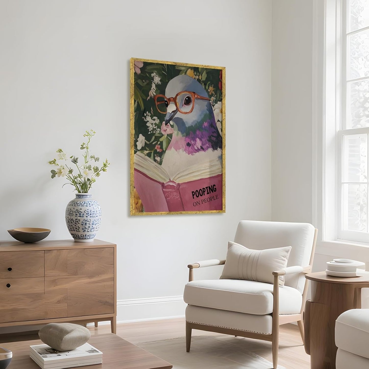 Humorous Pigeon Reading Poster Bathroom Wall Art Quirky Wall Decor Cheeky Animal Canvas Print For Bathroom Office Library8x10inch Golden frame
