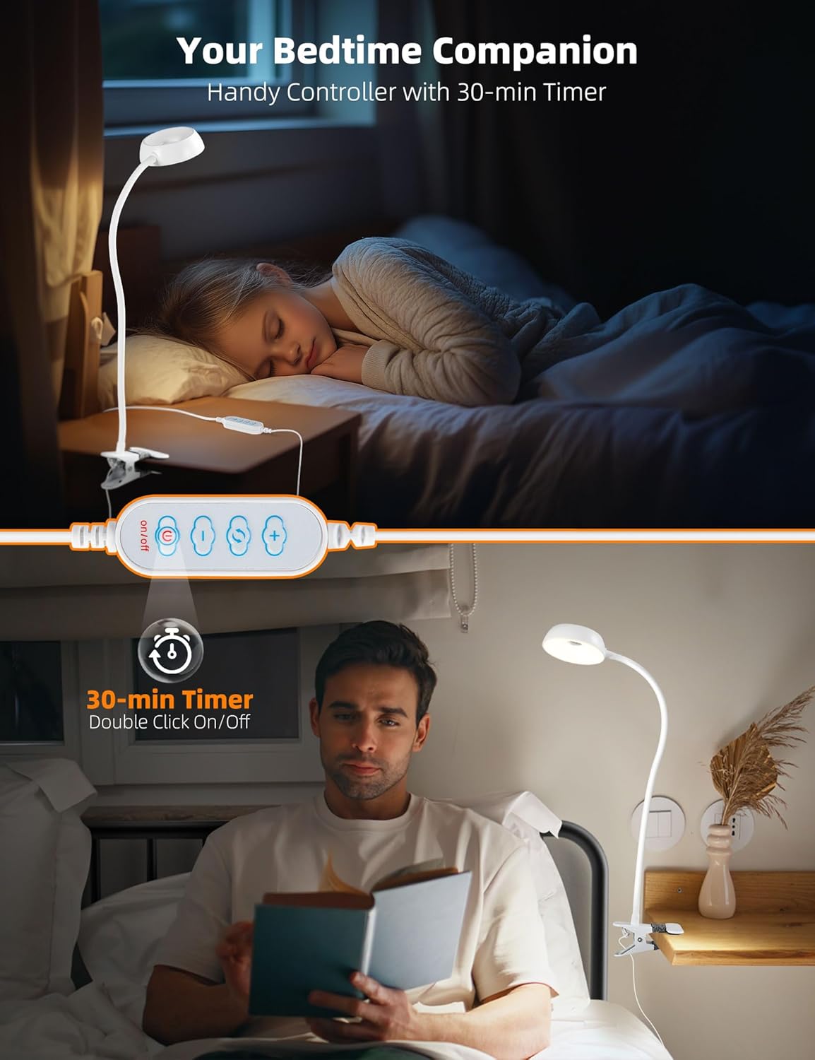 Clip on Lamp 10-Level Dimming & 5 Color Modes LED Book Light, Flexible Reading Light with Clamp for Beds, Desks, Table, Headboards, Dorm- Eye-Friendly Clip on Night Light for Kids/Adults (White)