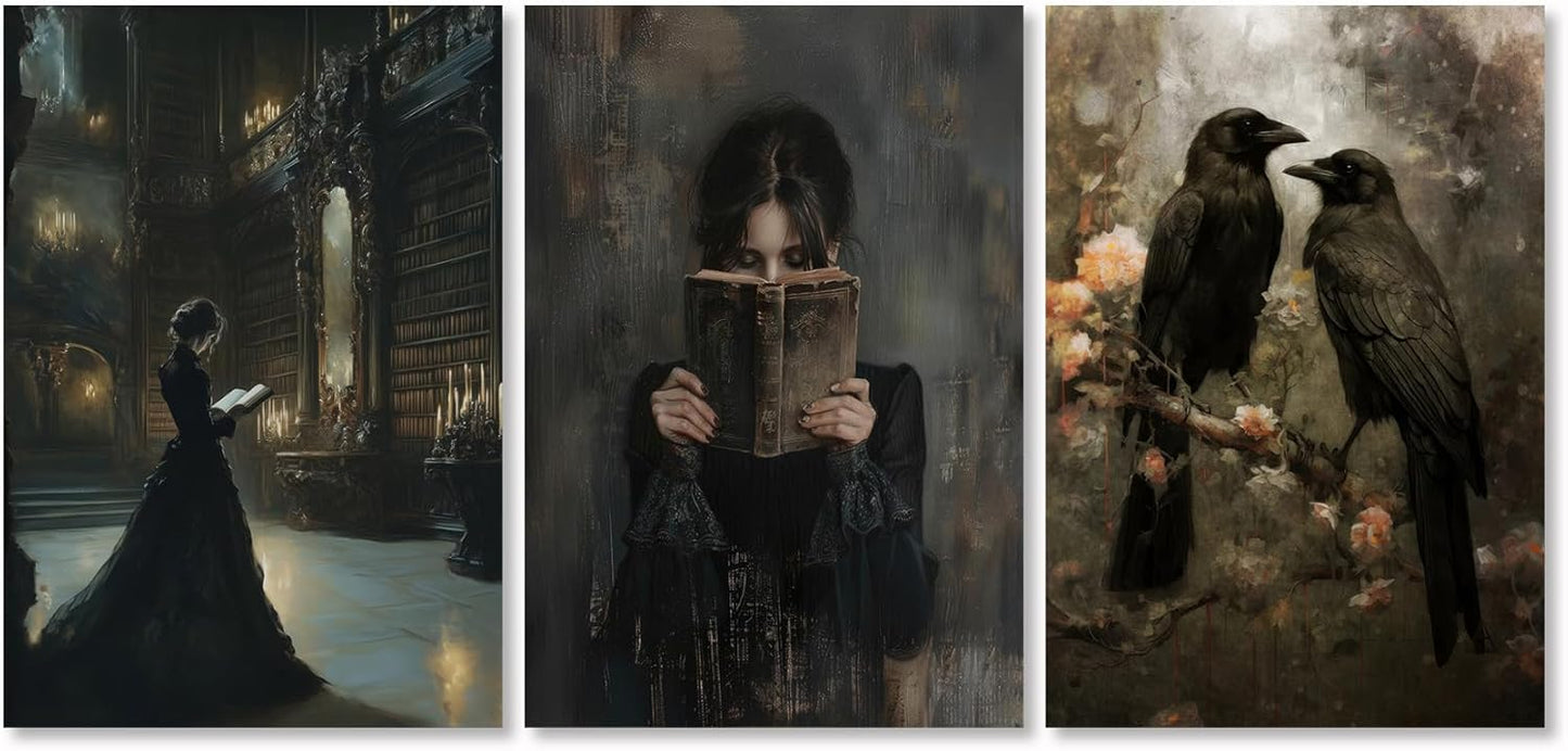 3Pcs Gothic Wall Art Halloween Wall Decor,Dark Academia Library Paintings ,Victorian Woman Reading Vintage Bookish Literary,Raven Couple in Dark Forest for Bathroom Living Room Decor Unframed 16"x24"