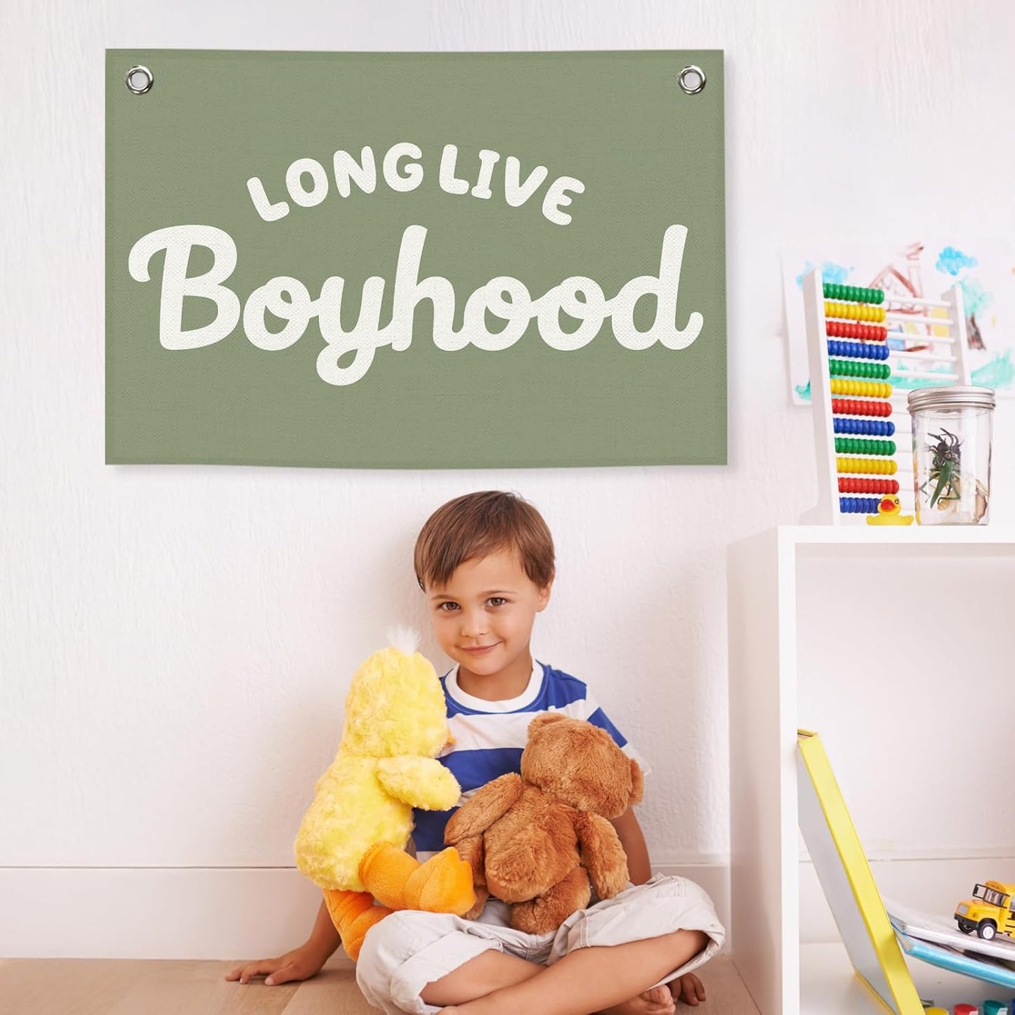 Long Live Boyhood Kids Banner Canvas, Green Boys Toddler Room Decor, Playroom Hanging Flag Sign, Nursery Wall Tapestry Art for Baby Shower Classroom Bedroom Decor 20x30in