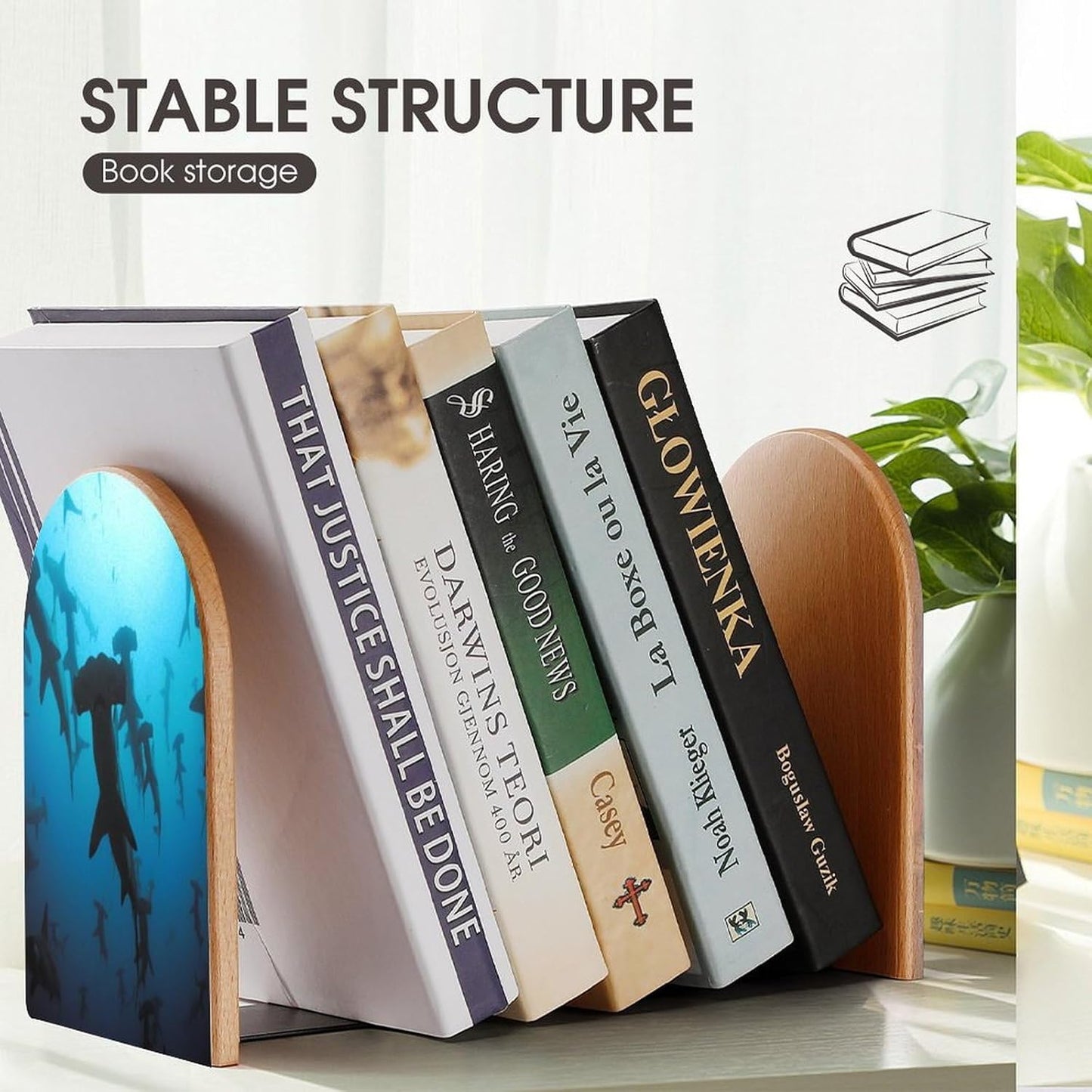 Hammerhead Sharks Wooden Bookend Non-Slip Book Ends Heavy Duty Book Stopper with Metal Base Books Holderd Decorative Bookends Stands Firmly for Office Supplies