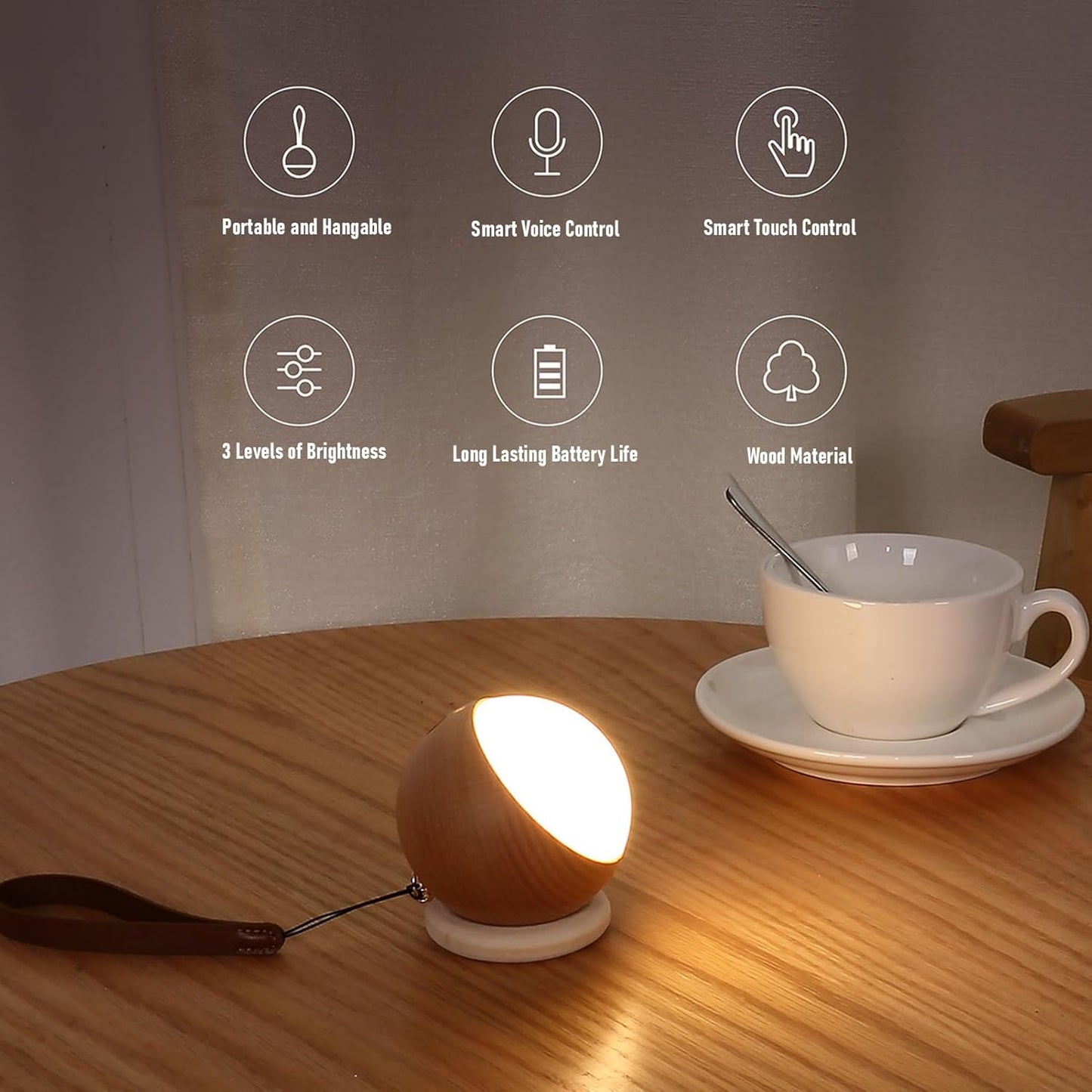 ZJchao Wooden Voice Control Night Light 3 Brightness Levels USB Rechargeable Bedside Lamp with Hanging Strap for Bedroom Nursery Desk