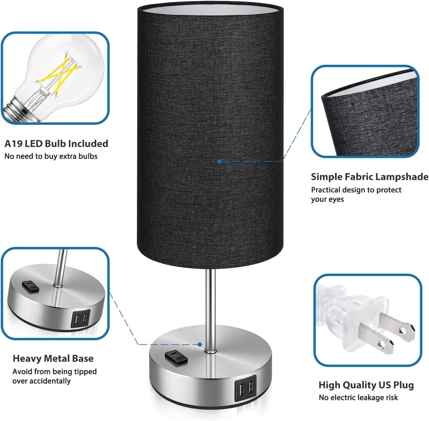 Black Touch Control Table Lamp Set of 2, with 2 USB Charging Ports&AC Outlet, 3-Way Dimmable Bedside Nightstand Lamps with Fabric Lampshade for Reading, Bedroom, Living Room, A19 LED Bulbs Included