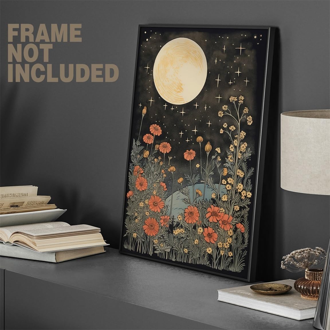 Vintage Moon Flowers Canvas Wall Art, Retro Mystical Celestial Moon Poster, Rustic Orange Yellow Wildflower Field Print, Cottagecore Ethereal Moonlight Botanical Floral Wall Decor 12x16in Unframed