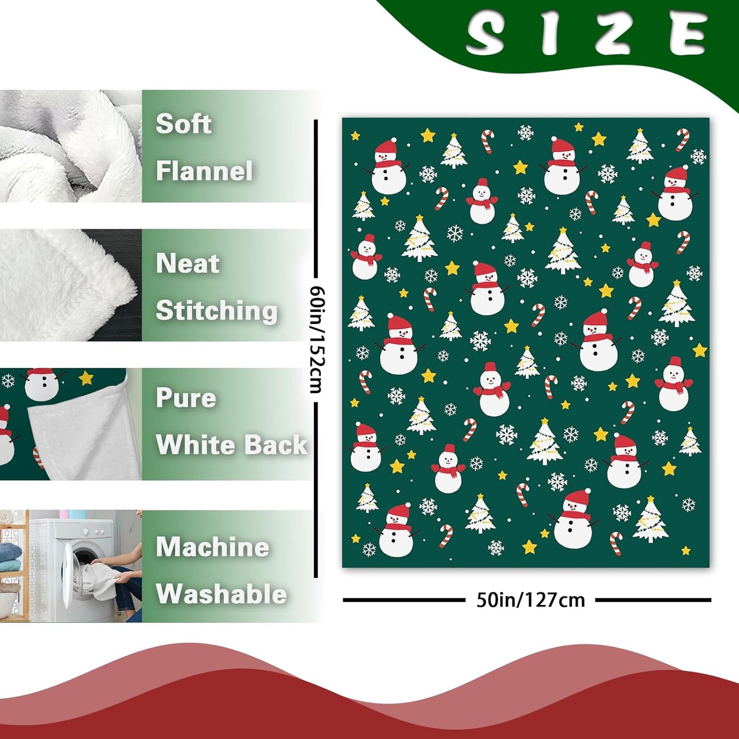 Green Christmas Snowman Flannel Throw Blanket, Xmas Tree Snowflake Candy Cane Stars Birthday Gifts for Kids Men Women, Winter Holiday Soft Blankets for Bedding Sofa 50 x 60 Inches