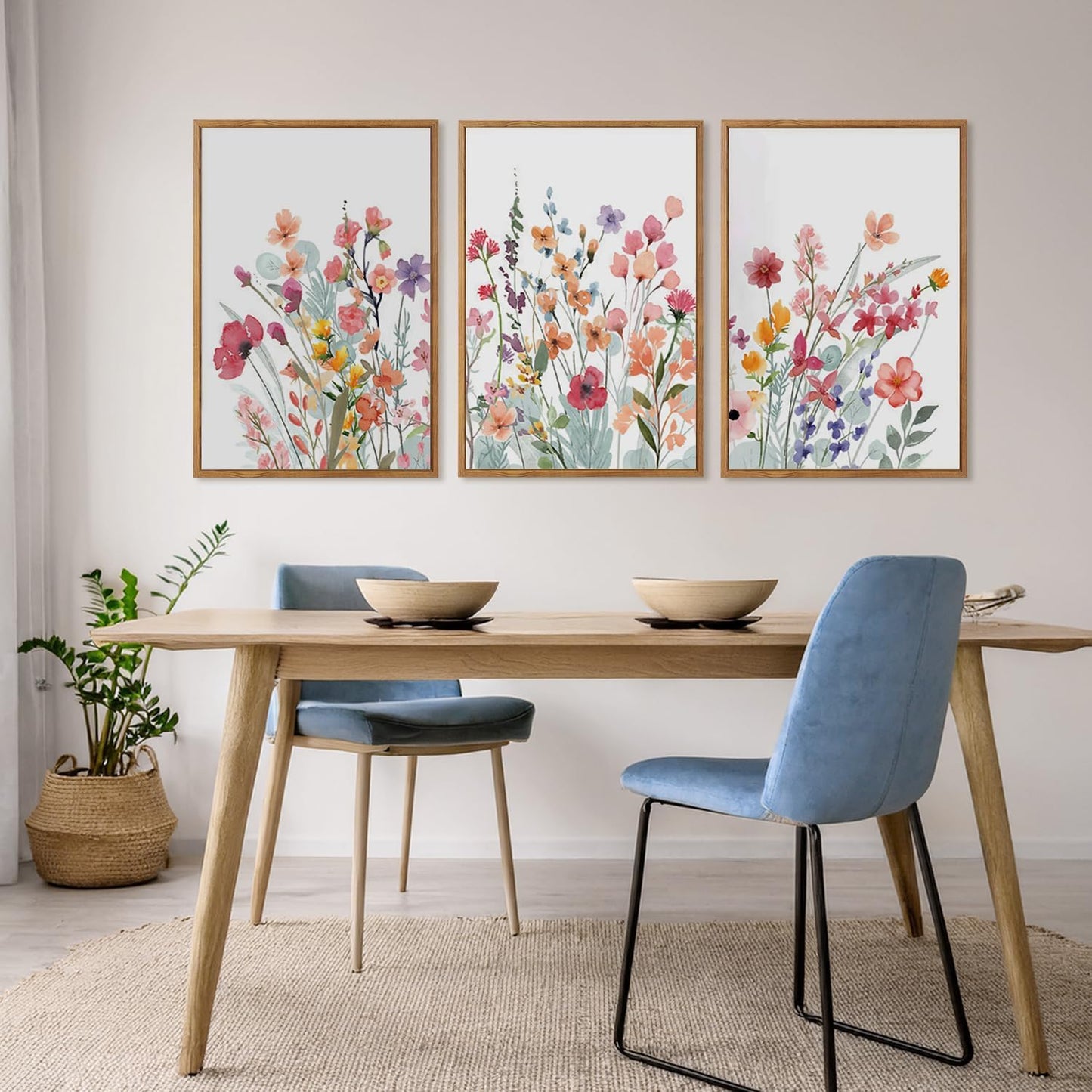 MTFBWY 3Pcs Framed Wildflower Canvas Wall Art – Red Floral Wall Art Watercolor Prints, Pink Botanical Artwork, Colorful Flower Pictures Decor Printing for Living Room, Bedroom, Bathroom 16L x 12W