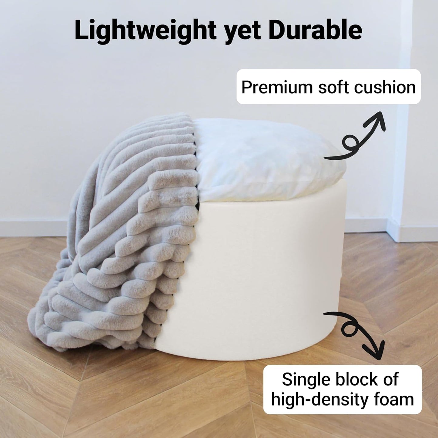 Round Stuffed Pouf Ottoman, Stripe Faux Fur Footrest with Dual Layer Comfort, Removable Washable Cover, 20" Plush Floor Pouf for Living Room Bedroom Dorm Vanity Chair Under Desk, Gray