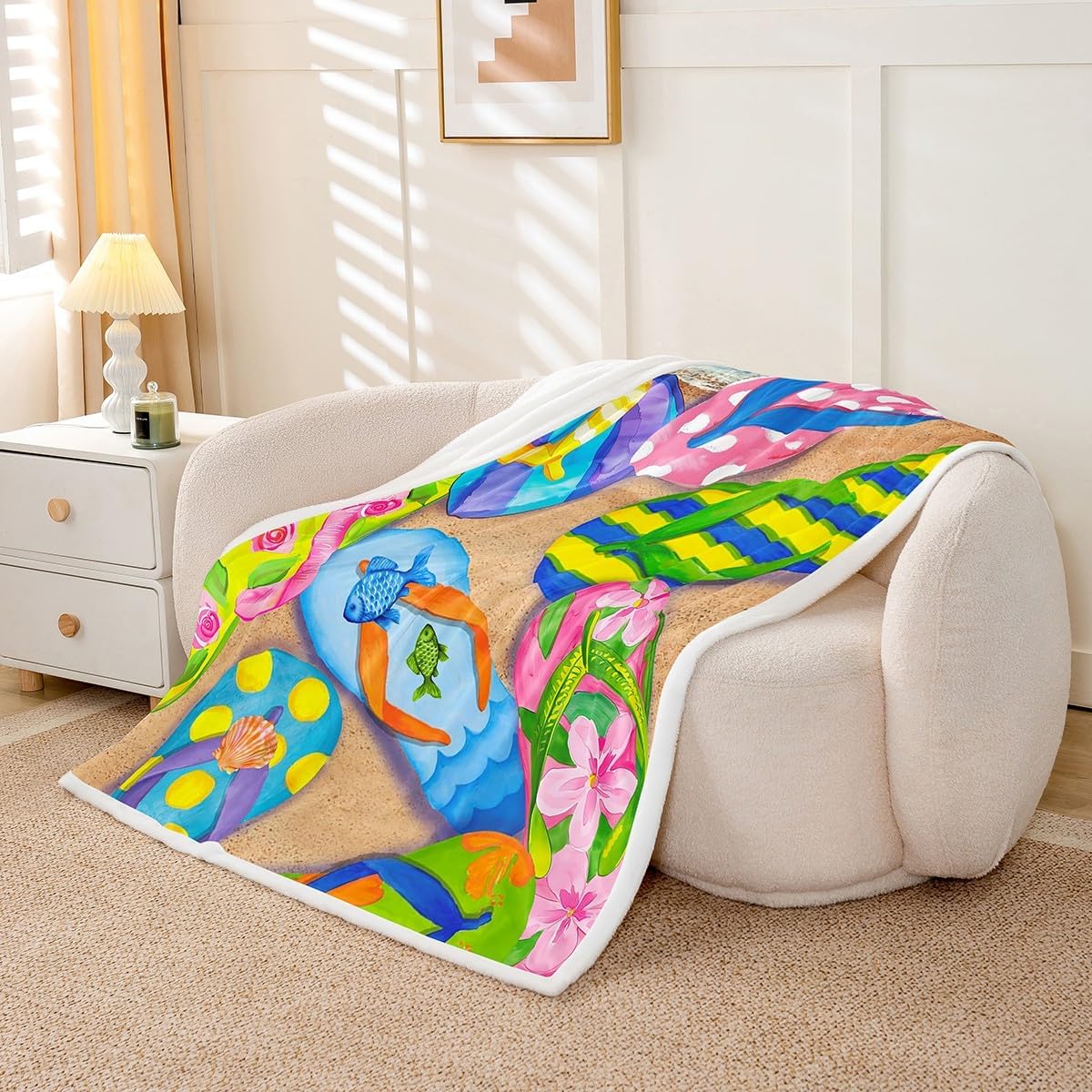Colorful Flip-Flops Throw Blanket Summer Theme Fleece Blanket Beach Vacation Bed Blanket for Couch or Bed Flip-Flops Blanket Soft Warm Lightweight for Kids Adults Women Gift(40x50 Inches)