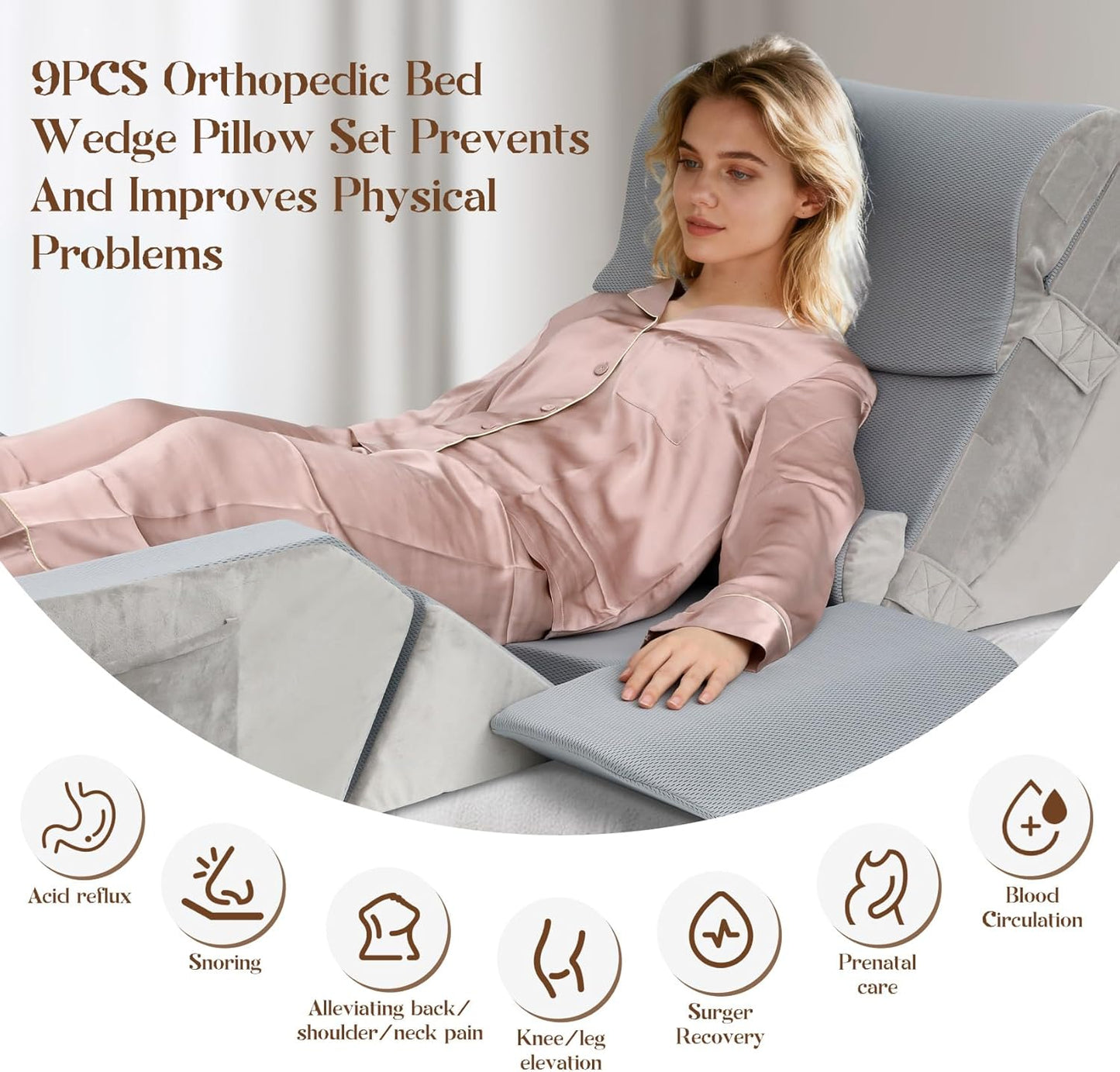 Redants 9PCS Orthopedic Bed Wedge Pillow Set, Wedge Pillow Set for After Surgery, for Sitting Up in Bed to Read, Watch TV, Use Laptop, Removable, Pain Relief from Back, Leg, and Neck Discomfort