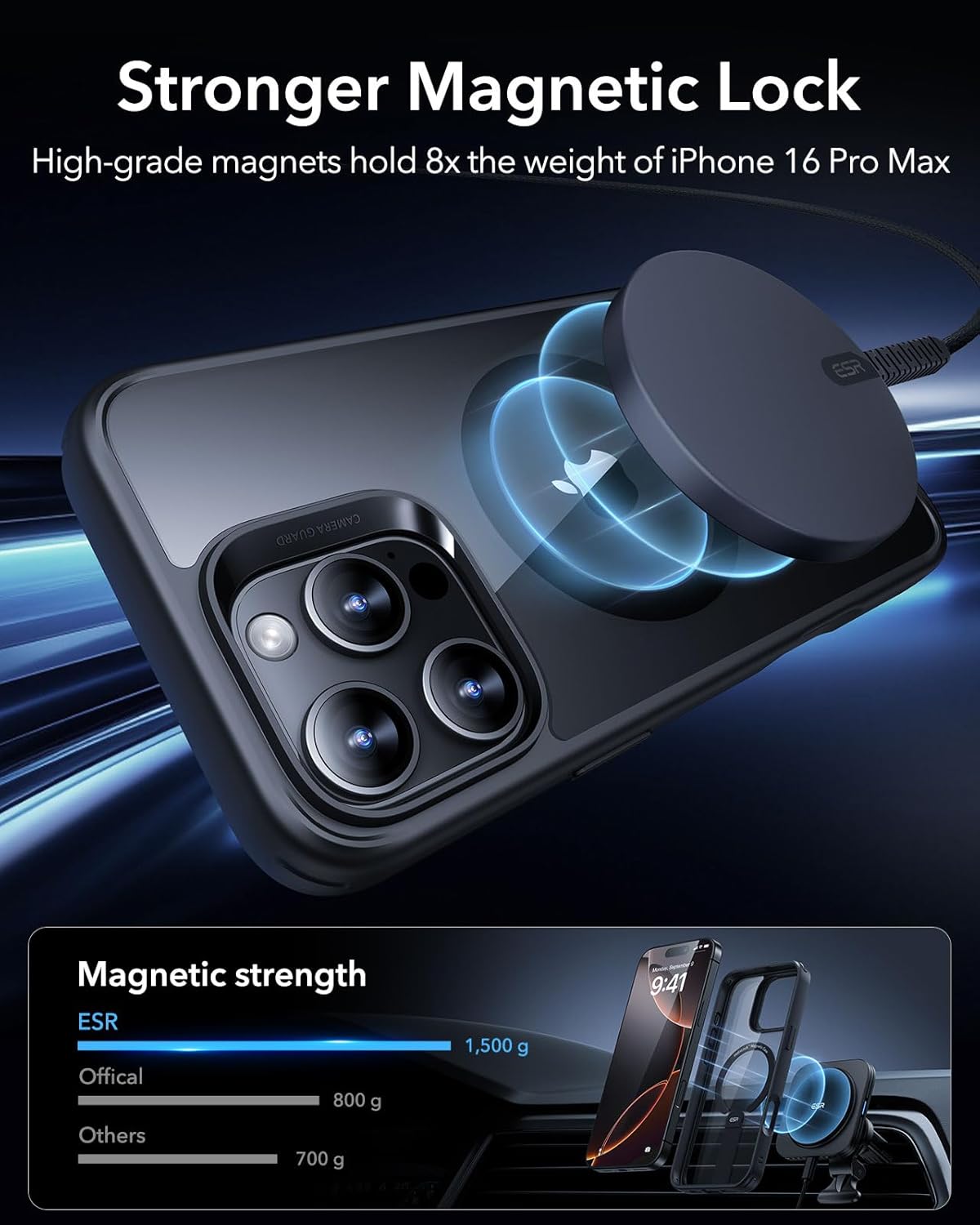 ESR for iPhone 16 Pro Max Case with Kickstand, Military-Grade Shockproof Protection, Magnetic Fully Adjustable Flickstand Phone Case, Compatible with MagSafe Accessories, Boost Series, Clear Black