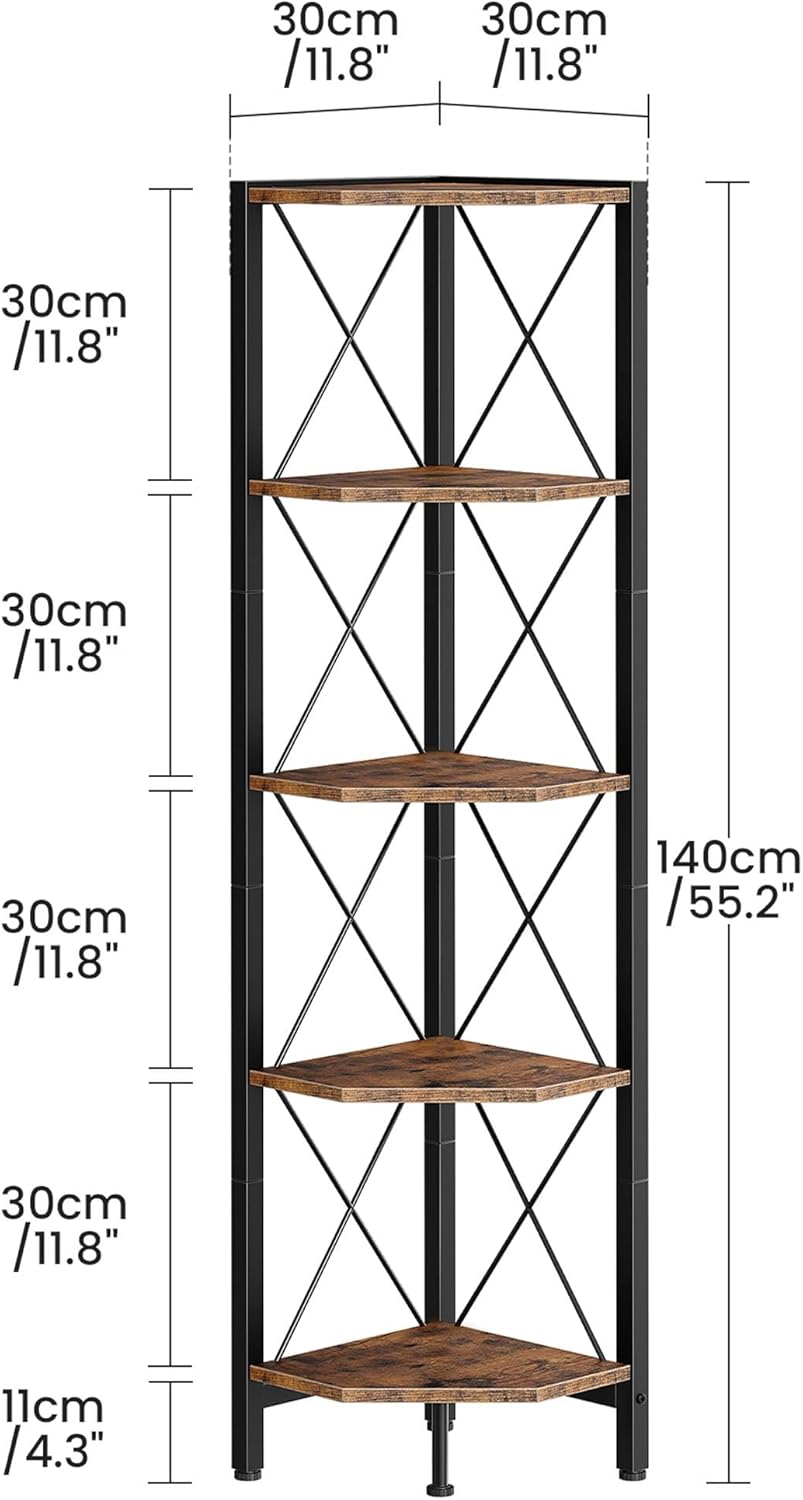 5-Tier Corner Shelf, Corner Bookcase, 55.2" Tall Vertical Display Rack, Plant Stand, Open Storage Shelf, for Living Room, Bedroom, Study, Kitchen, Rustic Brown and Black TCJ12BF