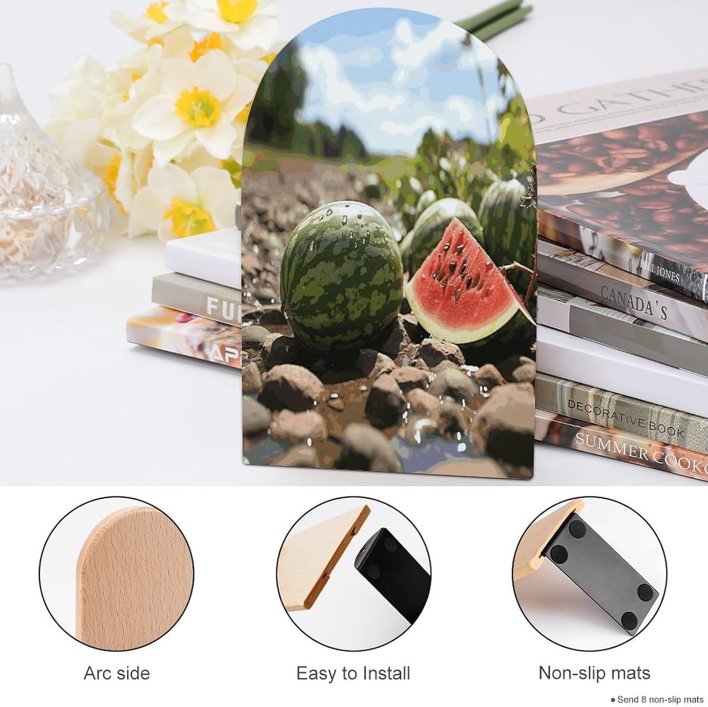 Watermelon on The Ground Wooden Bookend Non-Slip Book Ends Heavy Duty Book Stopper with Metal Base Books Holderd Decorative Bookends Stands Firmly for Office Supplies