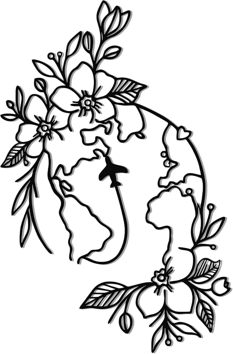 YATEASLU Metal Travel Wall Decor, Travel Themed Decor with World Map Design, Bedroom & Living Room Wall Art Gift for Travelers (Flower & Plane)